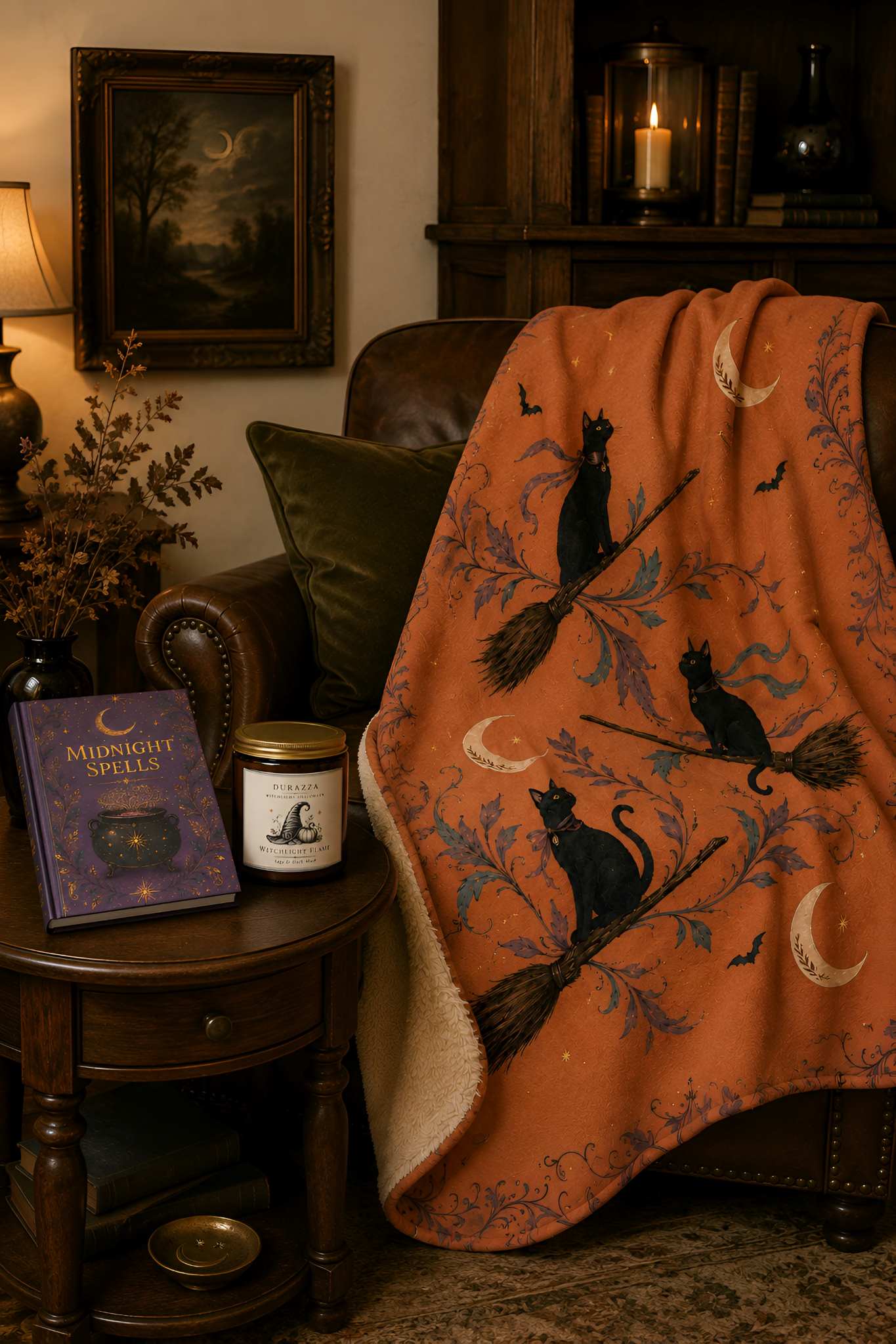 Cozy Witchlight Halloween reading nook with an orange witchy blanket, Midnight Spells journal, Durazza candle, leather chair, crescent moons, black cats, broomsticks and warm vintage décor.