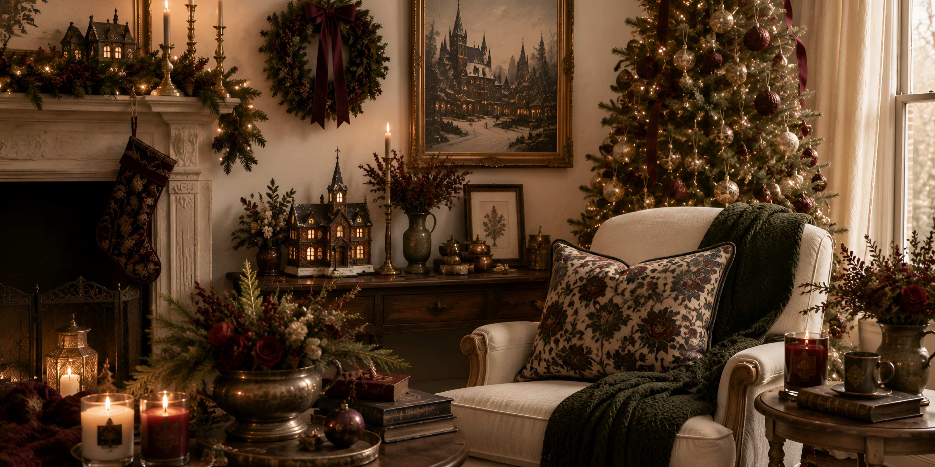 Elegant gothic Christmas living room with burgundy and evergreen decor, antique wood furniture, candlelight, a decorated tree, and dark winter wall art.