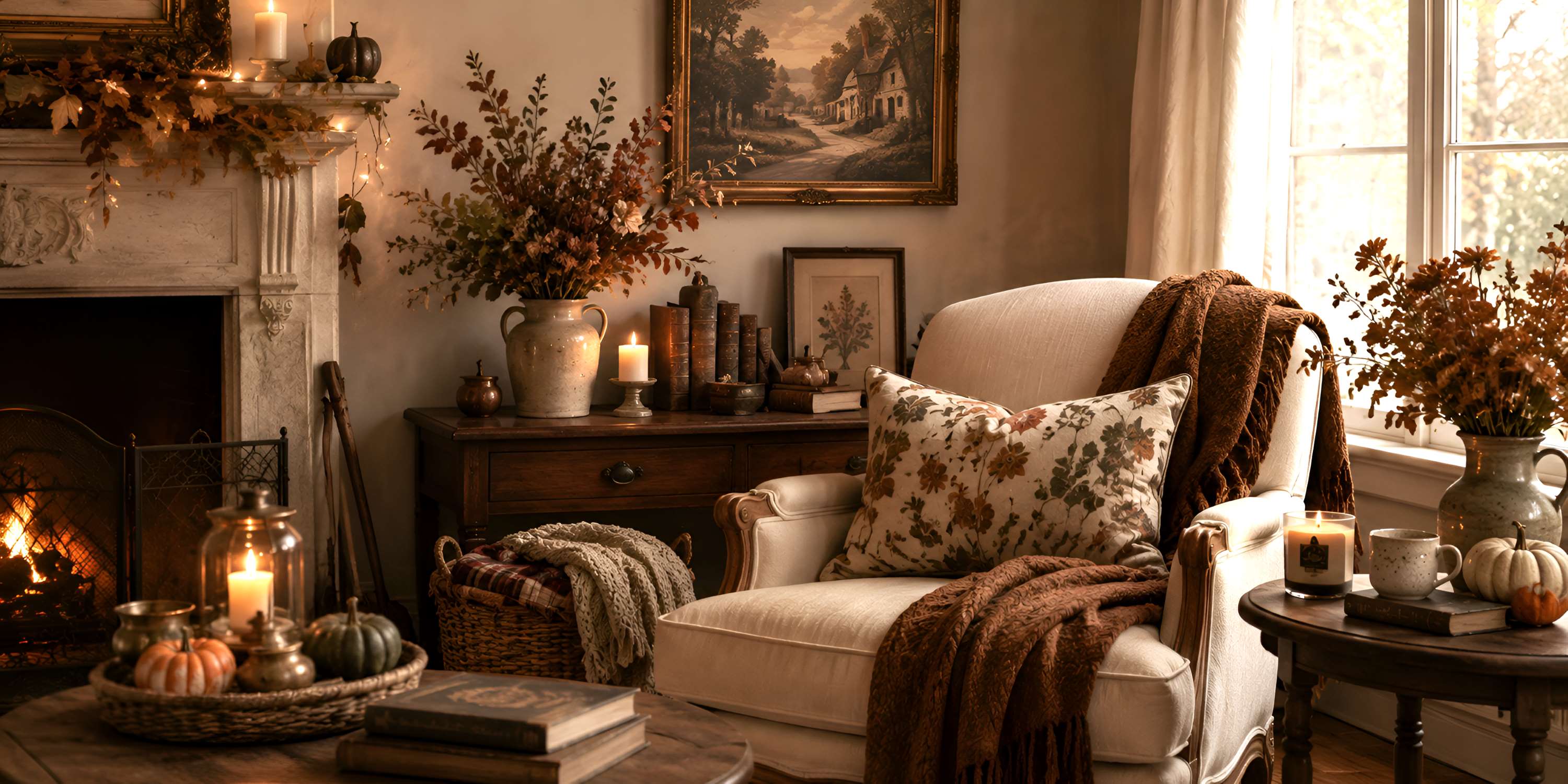 Cozy fall cottage living room with a cream armchair, floral pillow, rust-colored throws, pumpkins, candlelight, dried foliage, and warm wood furniture.