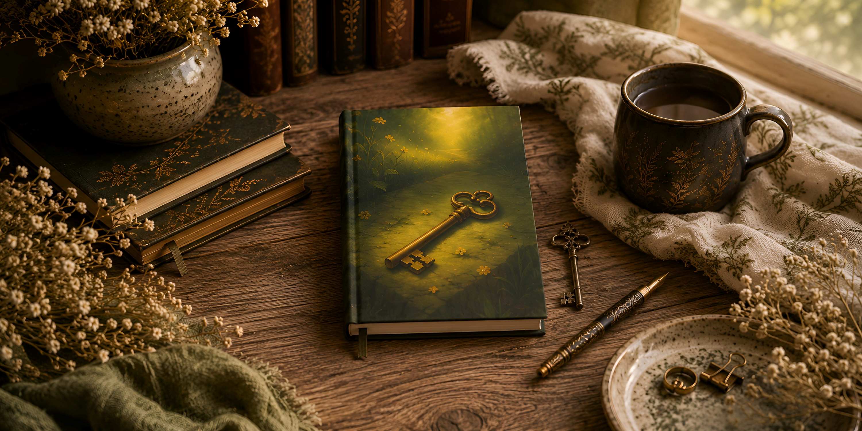 Green key-design journal displayed on an aged wood desk with vintage books, botanical fabric, dried flowers, and writing accessories.