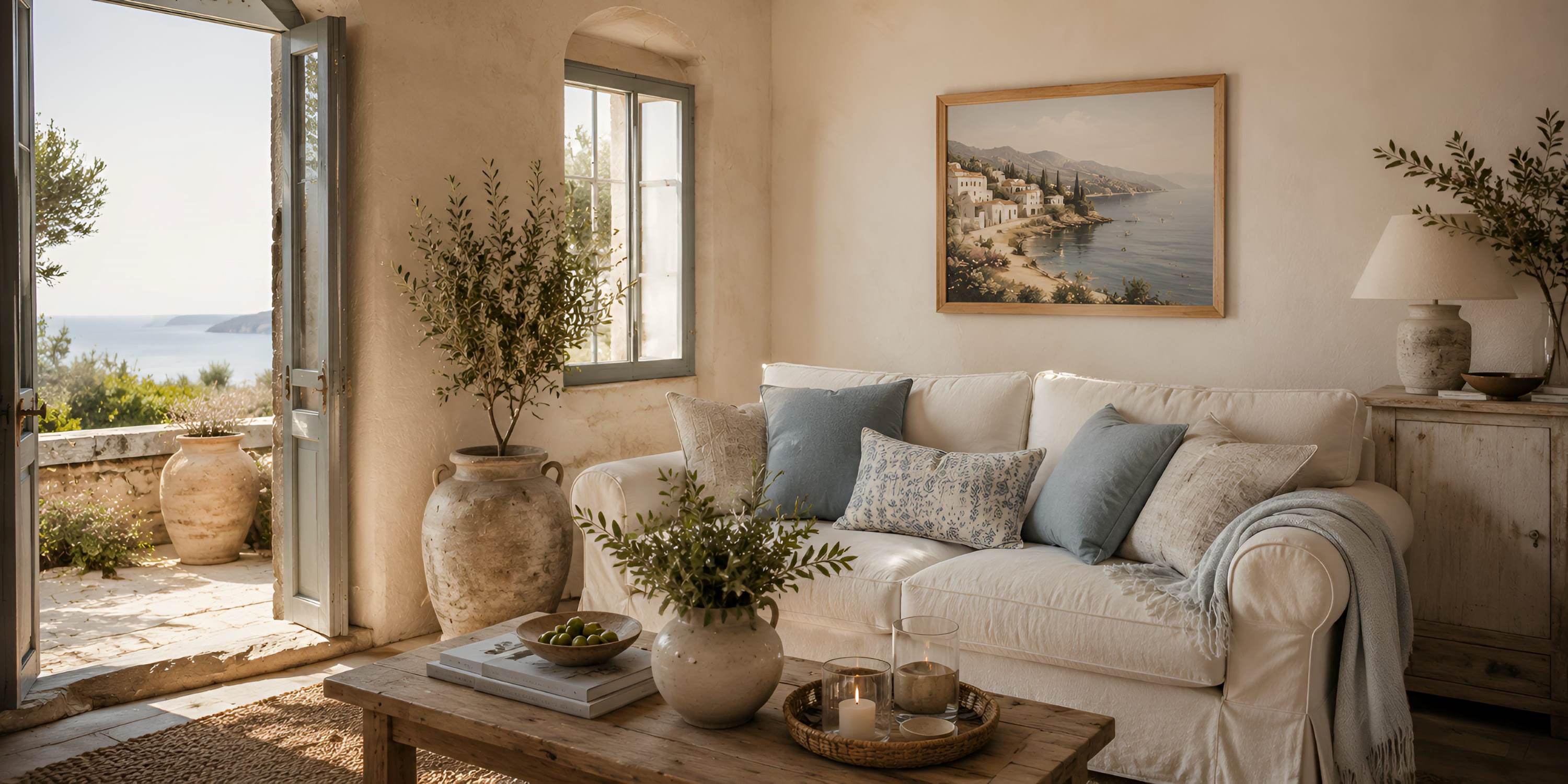 Coastal Mediterranean sitting nook with sunwashed linen, olive greenery, muted blue pillows, warm plaster walls, and relaxed seaside-inspired decor.