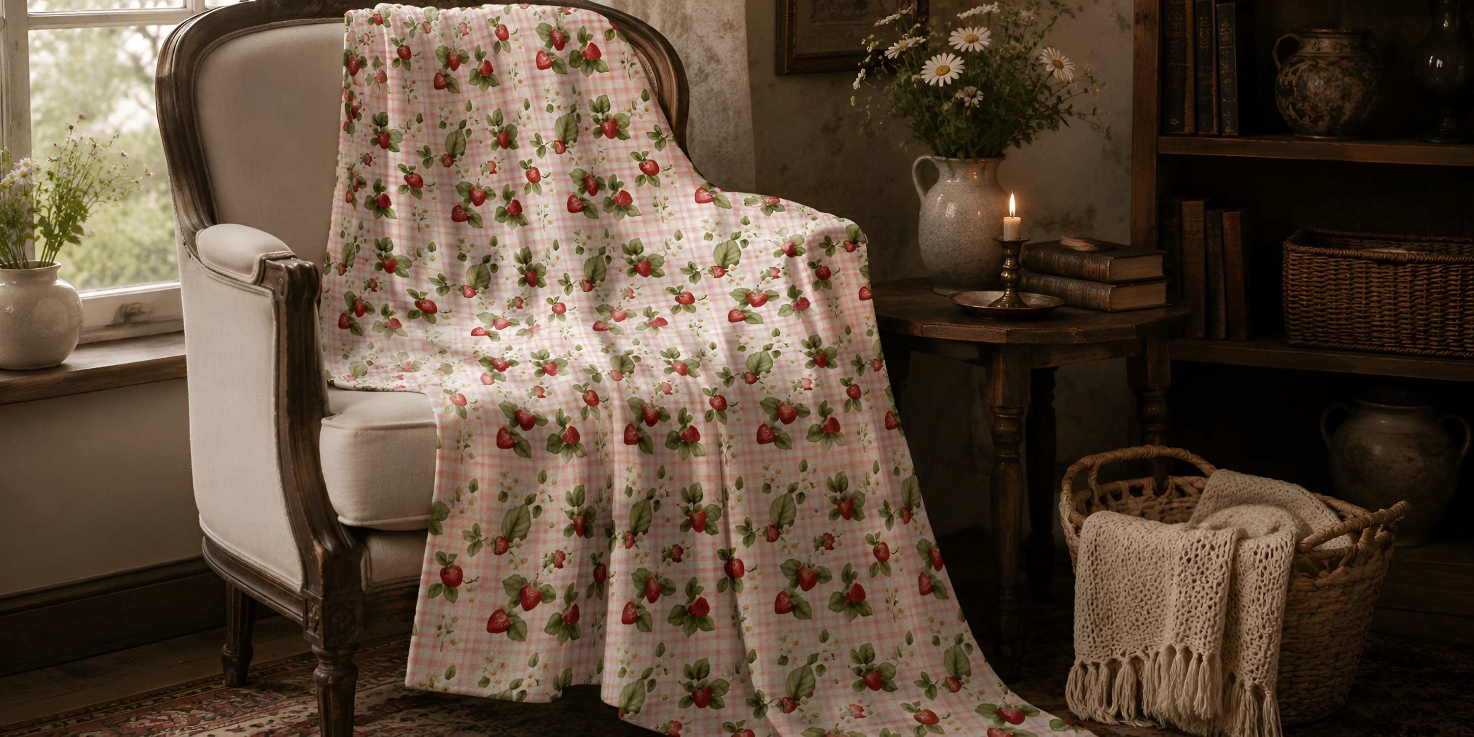 Strawberry and pink gingham patterned throw blanket drapped over a ivory chair in a cottage styled reading nook. 