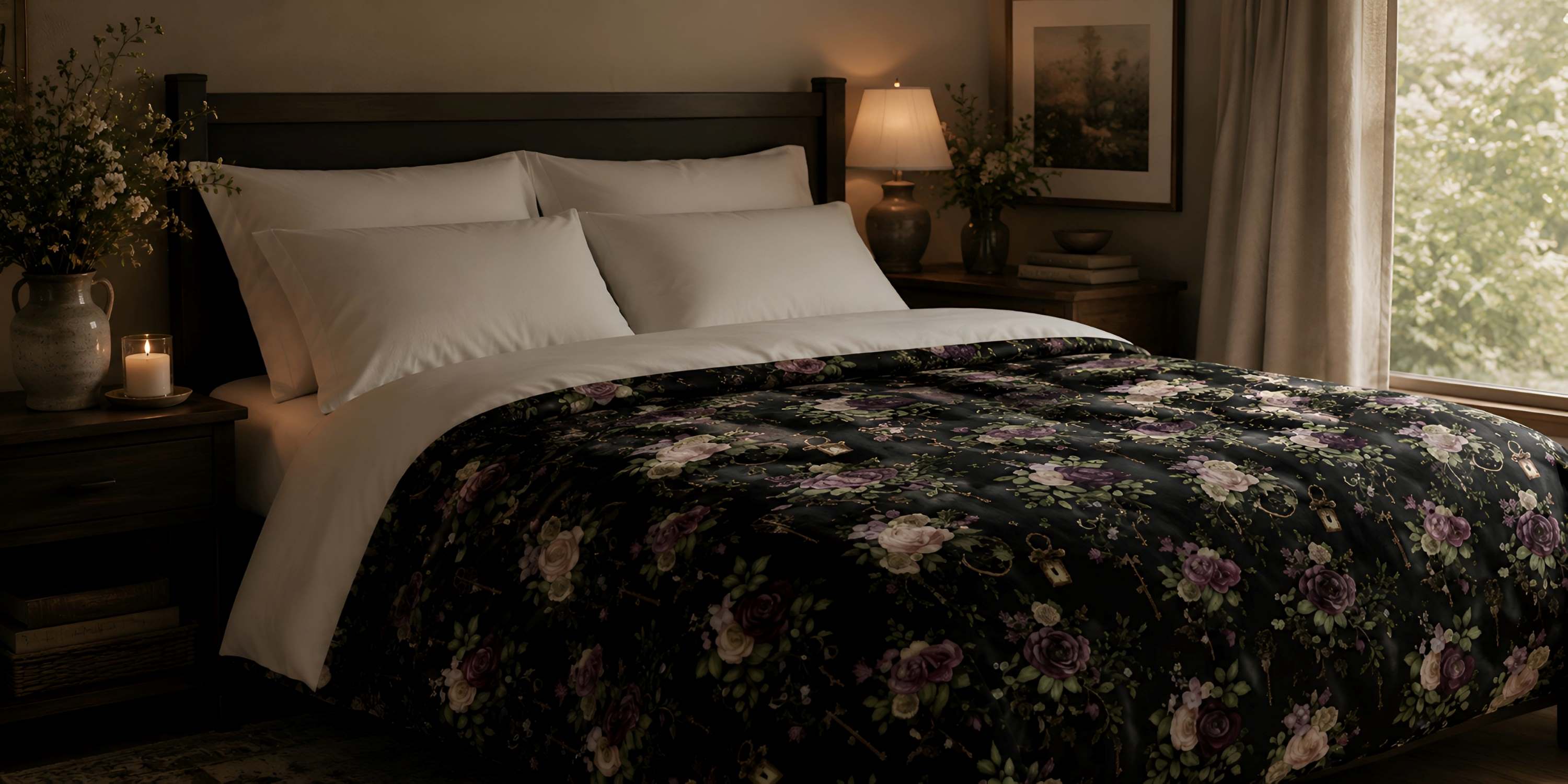 Warm gothic cottage bedroom featuring a black floral duvet on a wooden bed with soft neutral bedding, vintage furniture, botanical accents, and gentle ambient lighting.