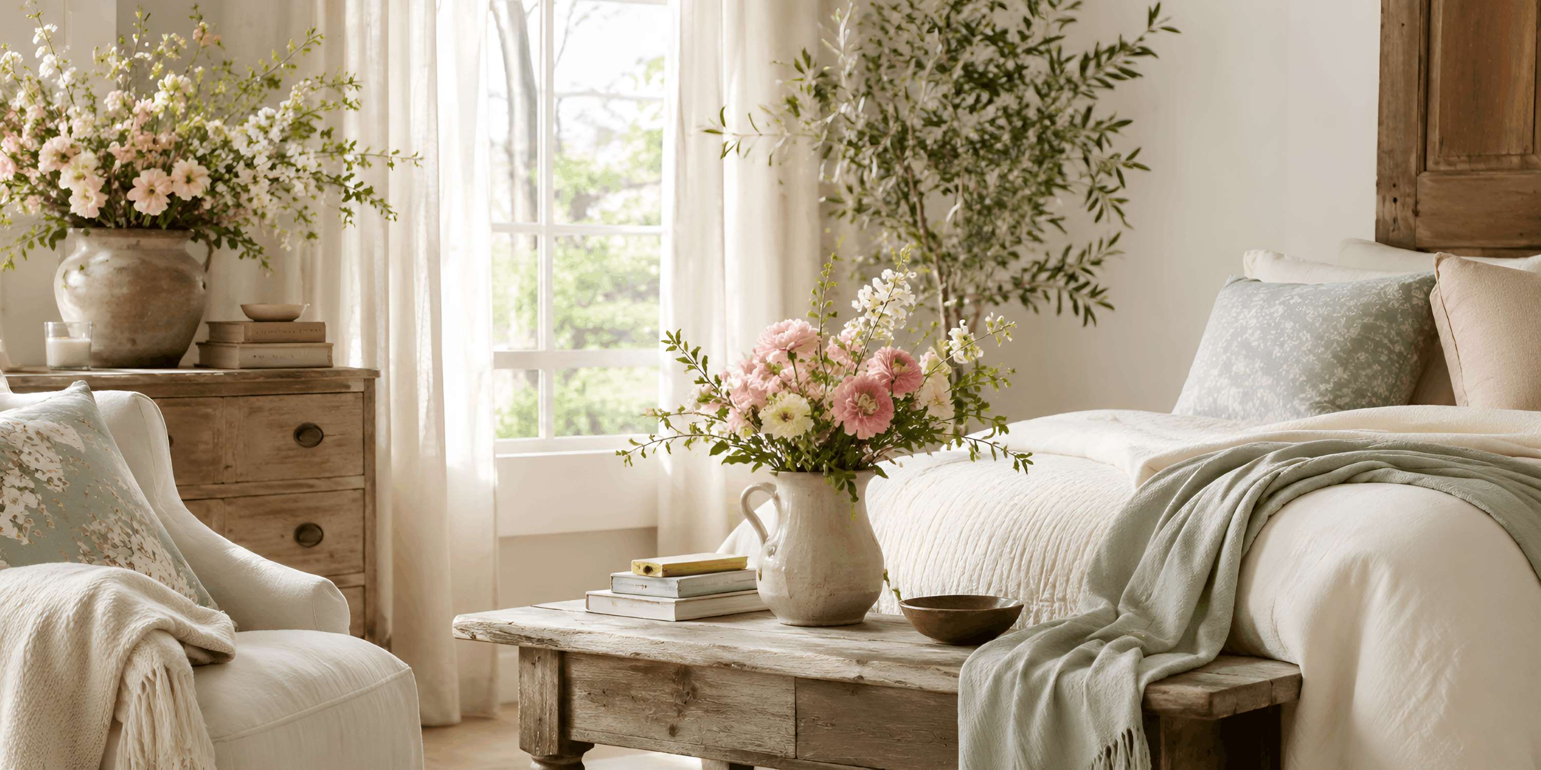 Sunlit spring bedroom with sage and blush textiles, fresh greenery, and soft floral arrangements in a warm cottage setting.