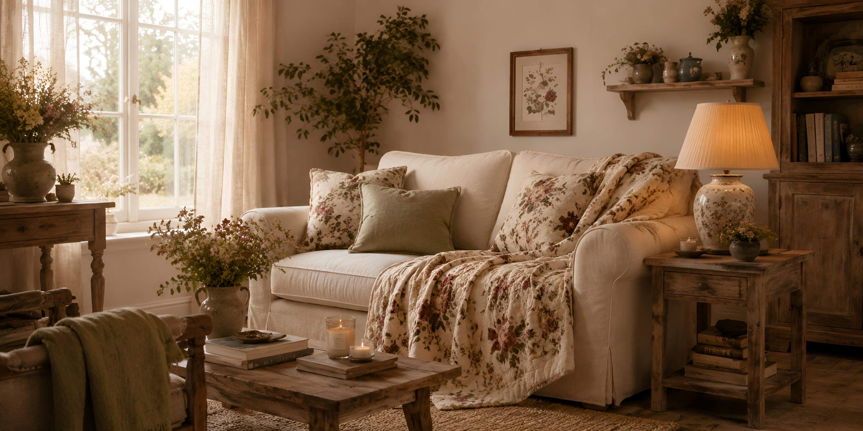 Cottage collection living room with floral pillows, soft green throw, warm wood furniture, garden flowers, candlelight, and vintage cottage wall art.