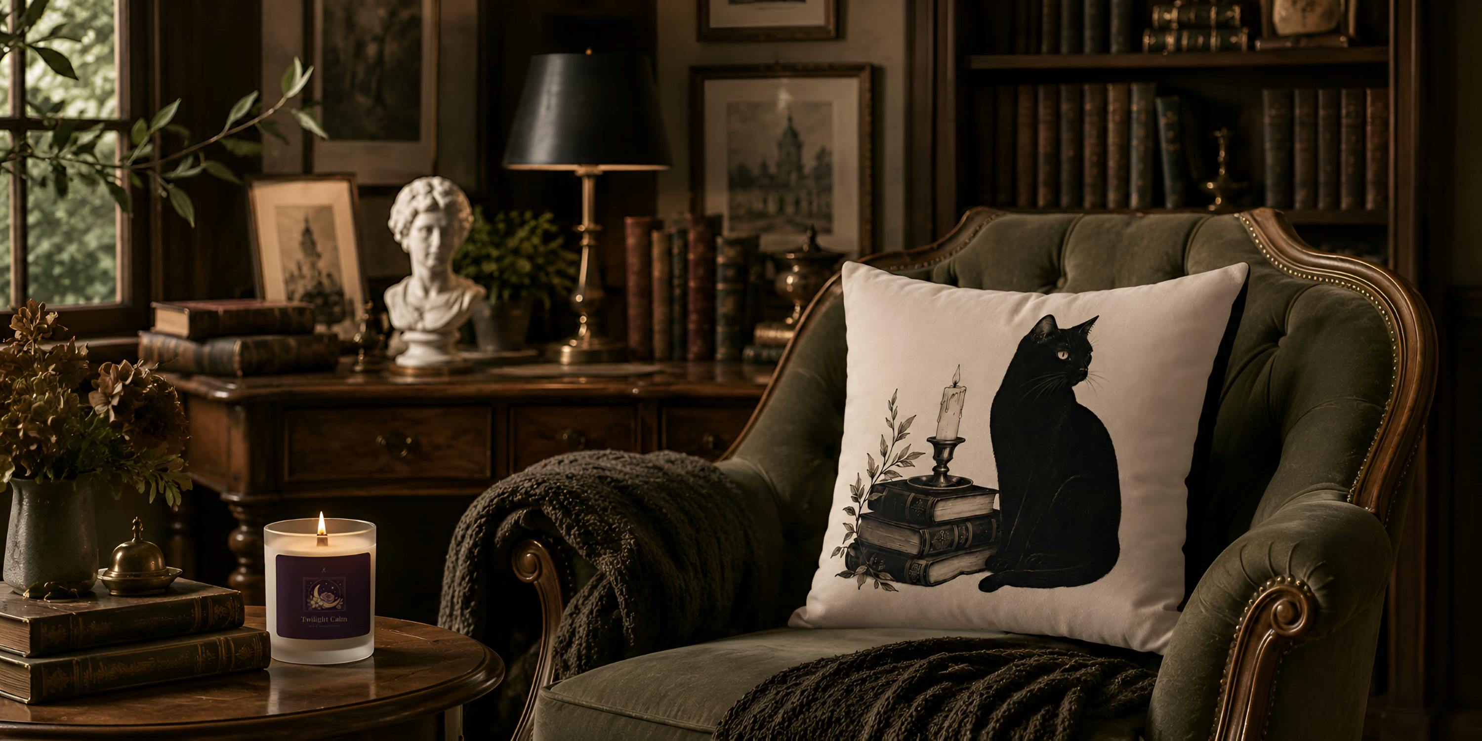 Dark academia reading nook with a vintage olive armchair, black cat throw pillow, lit candle, stacked books, and warm wood accents in soft, dusted natural light.