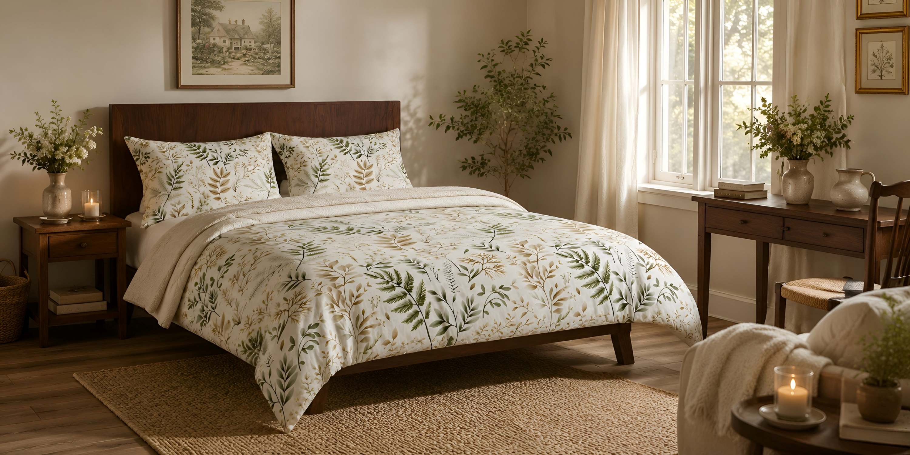 Enchanted cottage bedroom with a soft botanical duvet cover in sage and beige tones, styled with warm wood furniture, a candlelit nightstand, and gentle natural window light.