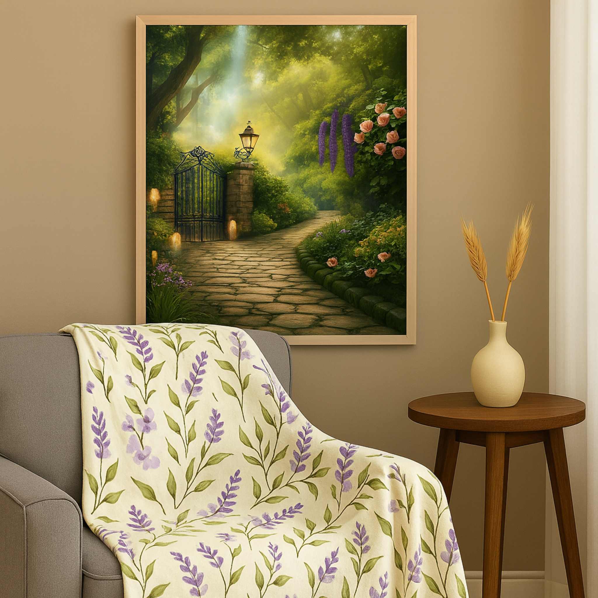 Lavender throw blanket draped over sofa with glowing garden wall art, creating a cozy reading nook by Durazza.