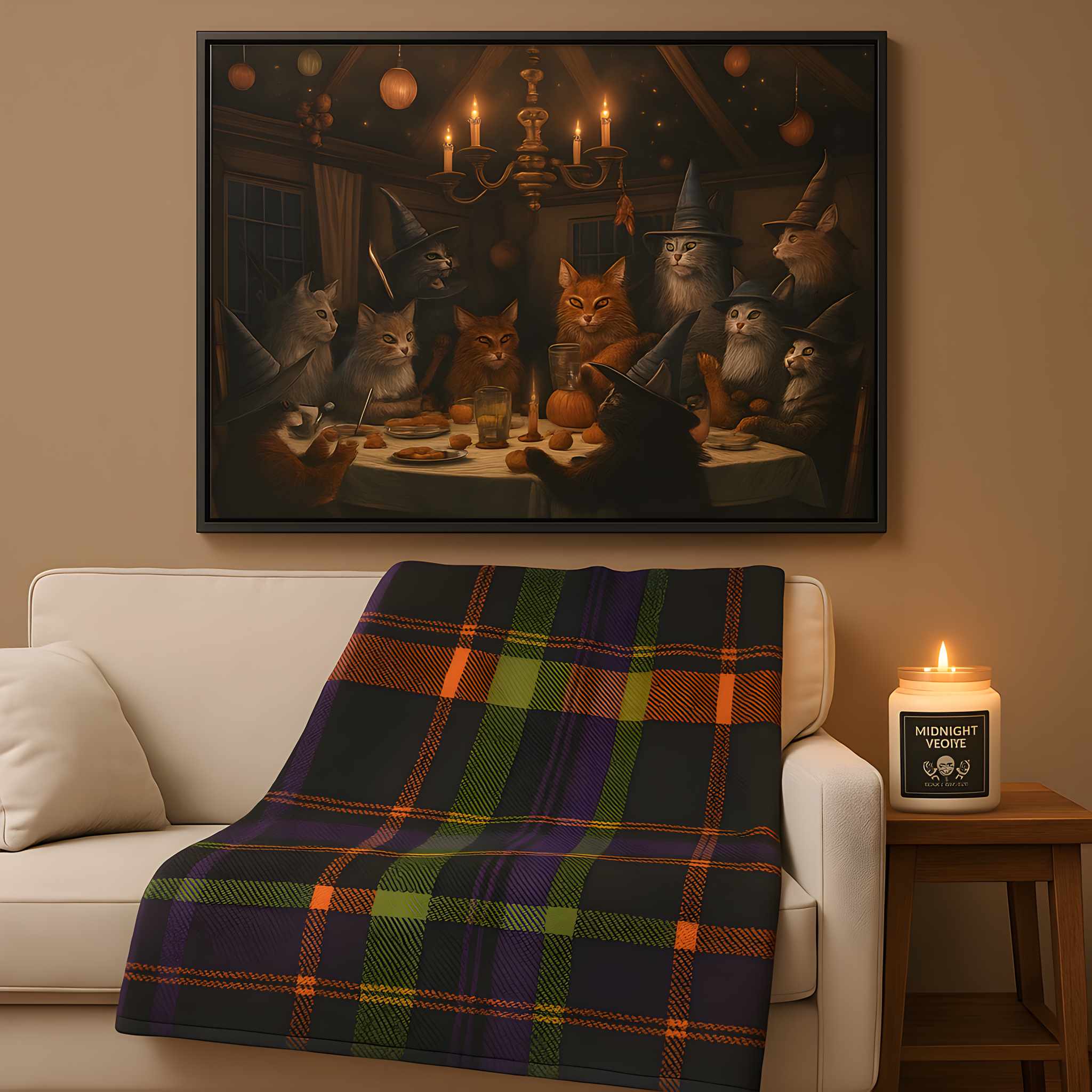 Cozy living room with Halloween cat art, a plaid blanket draped over a sofa, and a lit Midnight Wick candle on a wooden side table.