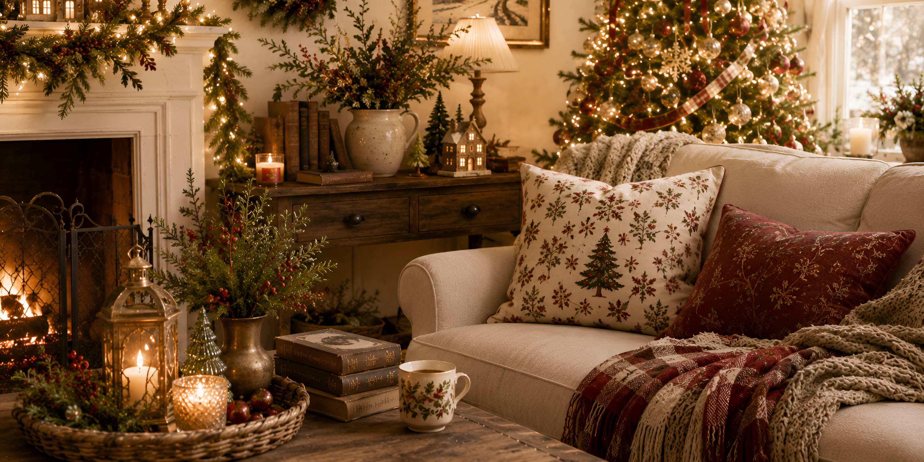 Cozy cottage Christmas living room with a cream sofa, red and green holiday pillows, glowing tree, fireplace, evergreen garlands, and warm wood accents.