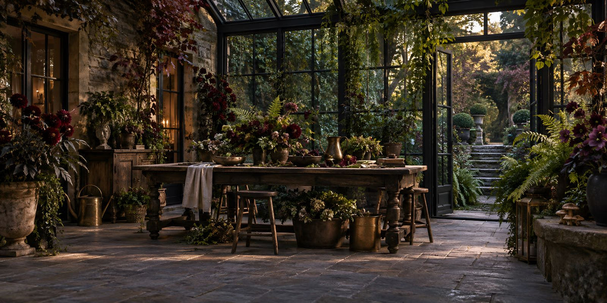 A rustic wooden dining table set with floral arrangements, surrounded by potted plants and greenery inside a glass conservatory with stone walls and a garden view.