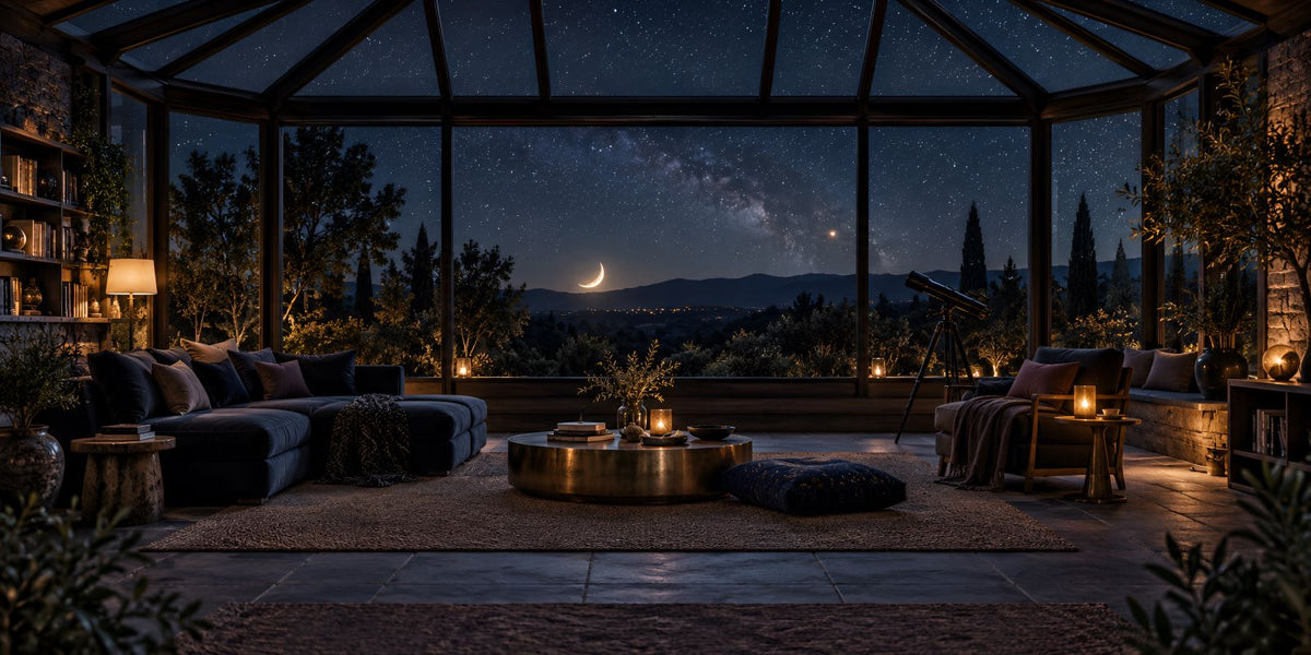 A luxurious outdoor patio lounge area under a glass gazebo at night, featuring a round coffee table, plush seating, and a stone floor, with a starry night sky and a crescent moon visible in the distance.