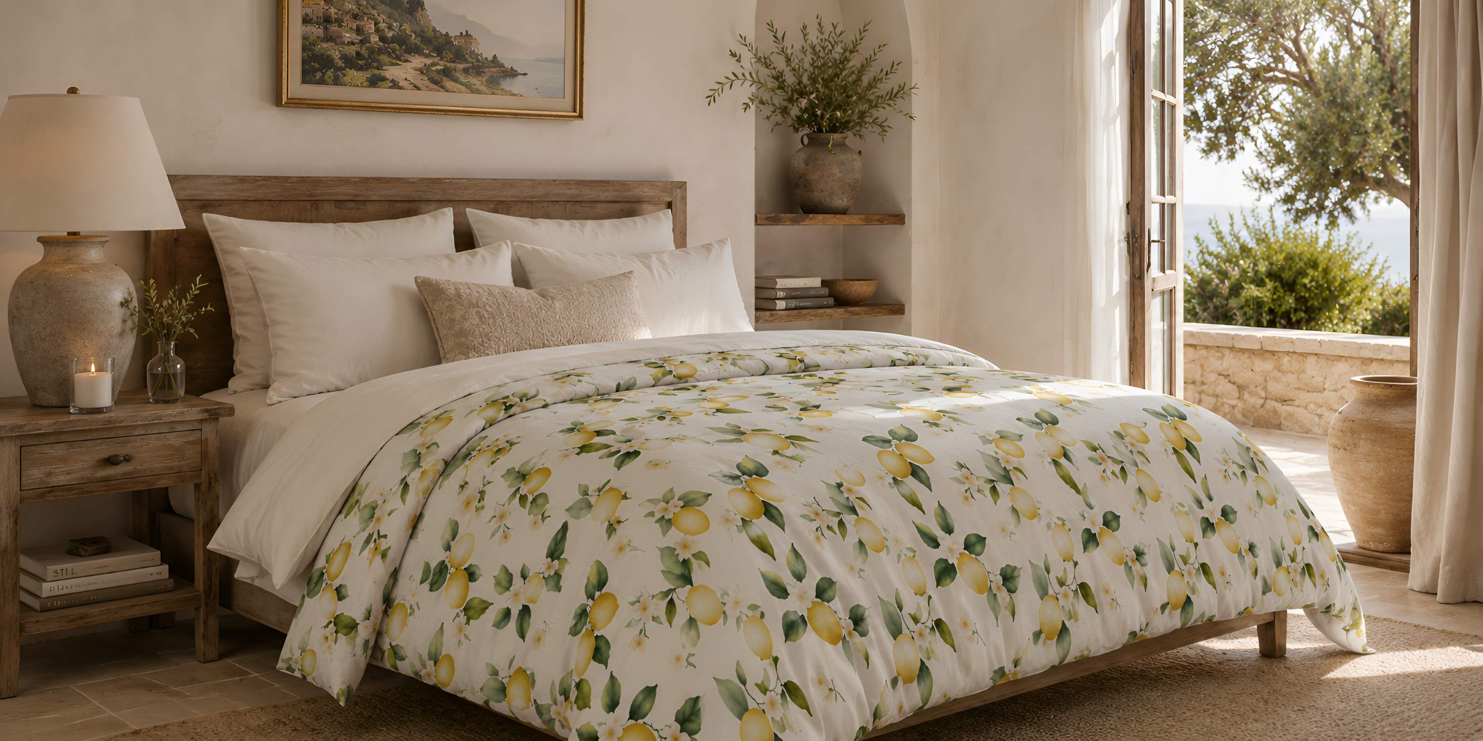 Lemon floral duvet cover styled on a sunlit bed in a warm Mediterranean-inspired bedroom with natural wood furnishings.