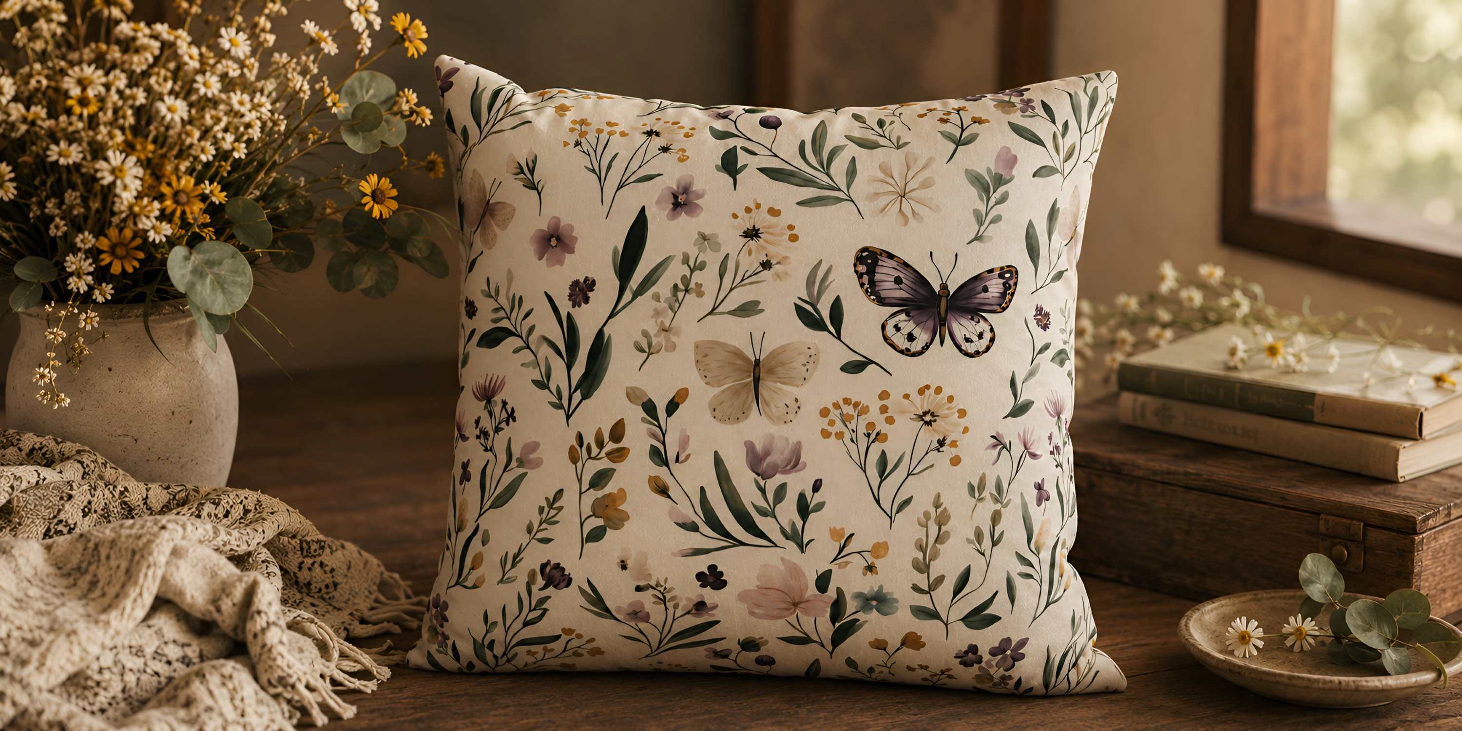Butterfly and wildflower throw pillow centered in a warmly lit cottage-style room with aged wood and muted botanical accents.