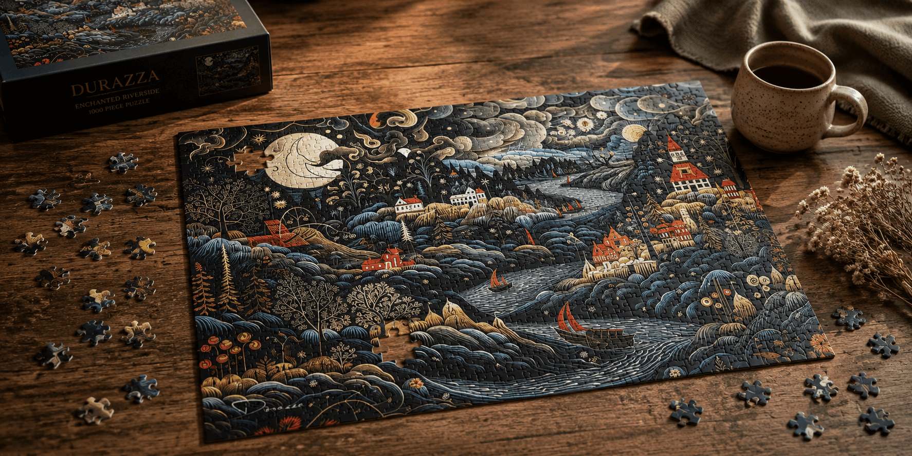 Nordic coastal jigsaw puzzle partially assembled on an aged wood table with loose puzzle pieces scattered nearby.