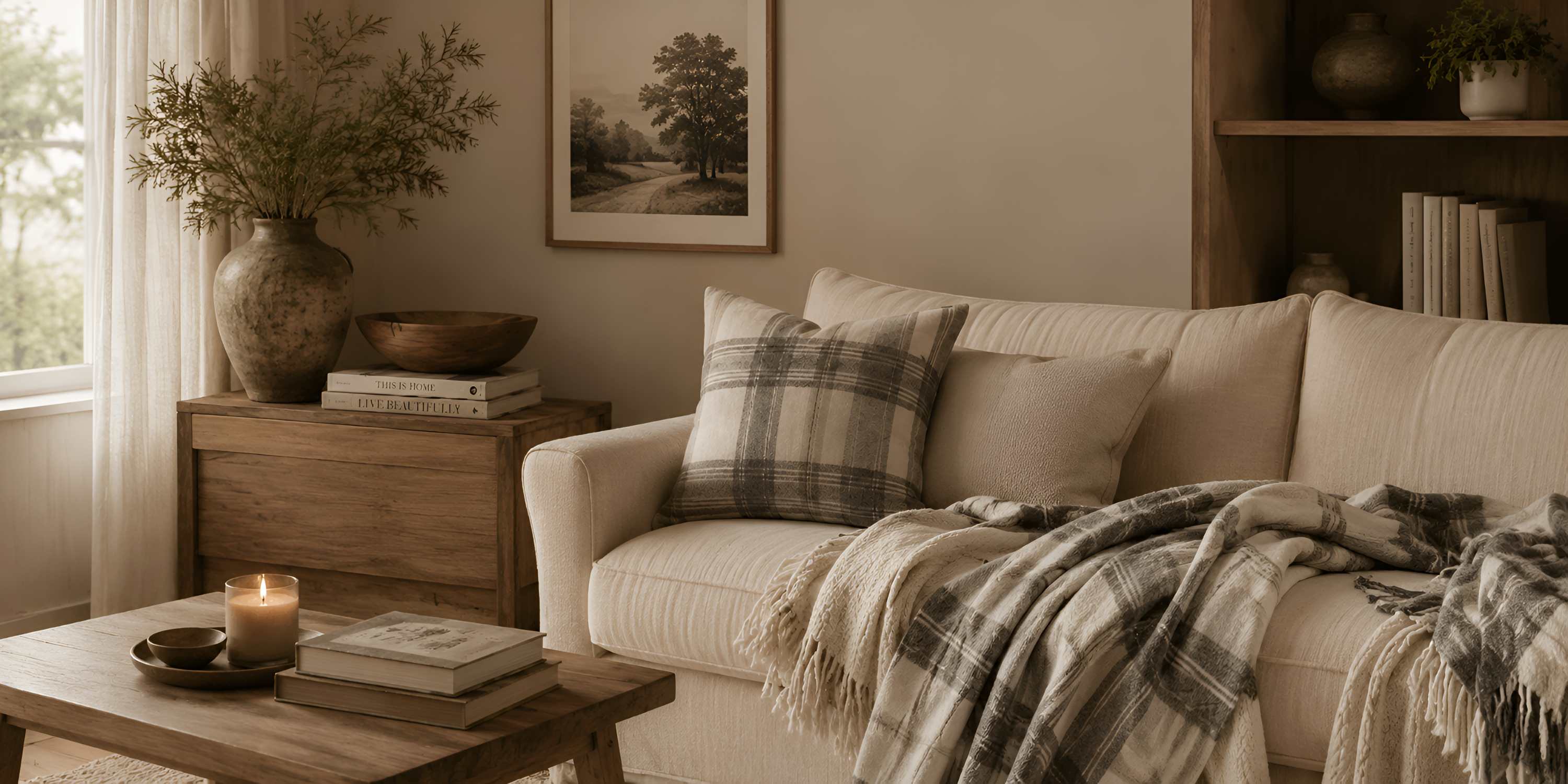Rustic Scandi living room with warm wood, cream sofa, square plaid pillows, natural textures, soft window light, and quiet cozy neutral decor.