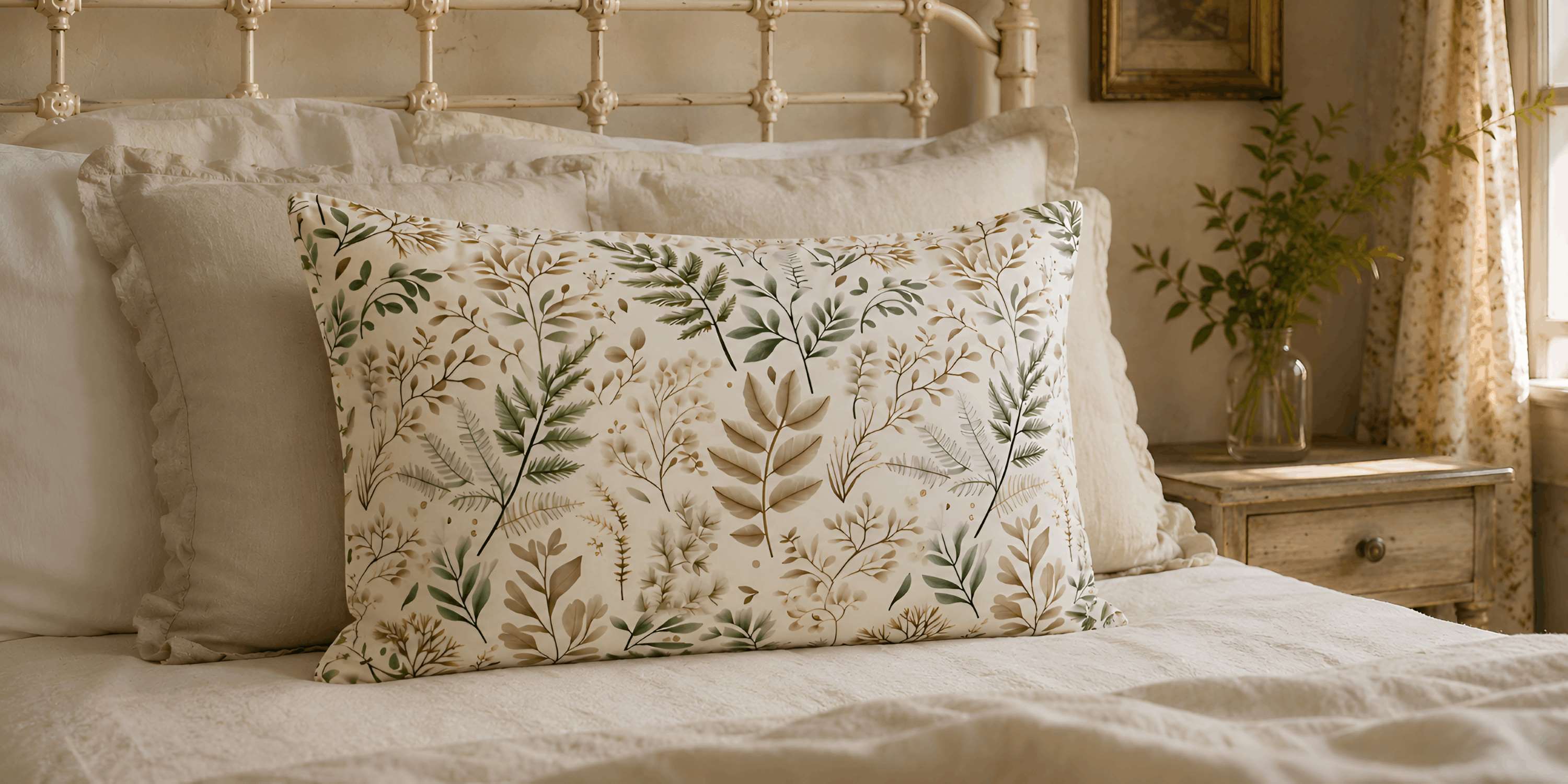 Botanical pillow sham styled at the center of a warm cottage bedroom with cream bedding, vintage wood, and soft natural light.
