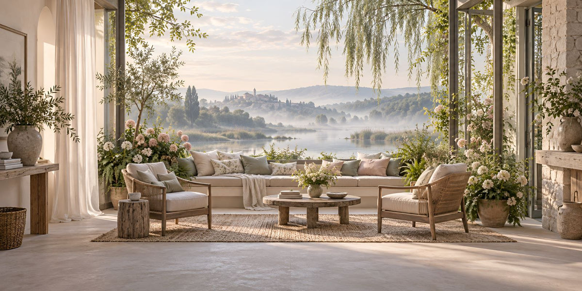 A beautifully styled outdoor patio seating area with two light beige armchairs, a low wooden coffee table, and a long upholstered bench with cushions, all arranged on a woven rug in front of large glass walls overlooking a misty lake and distant hills.