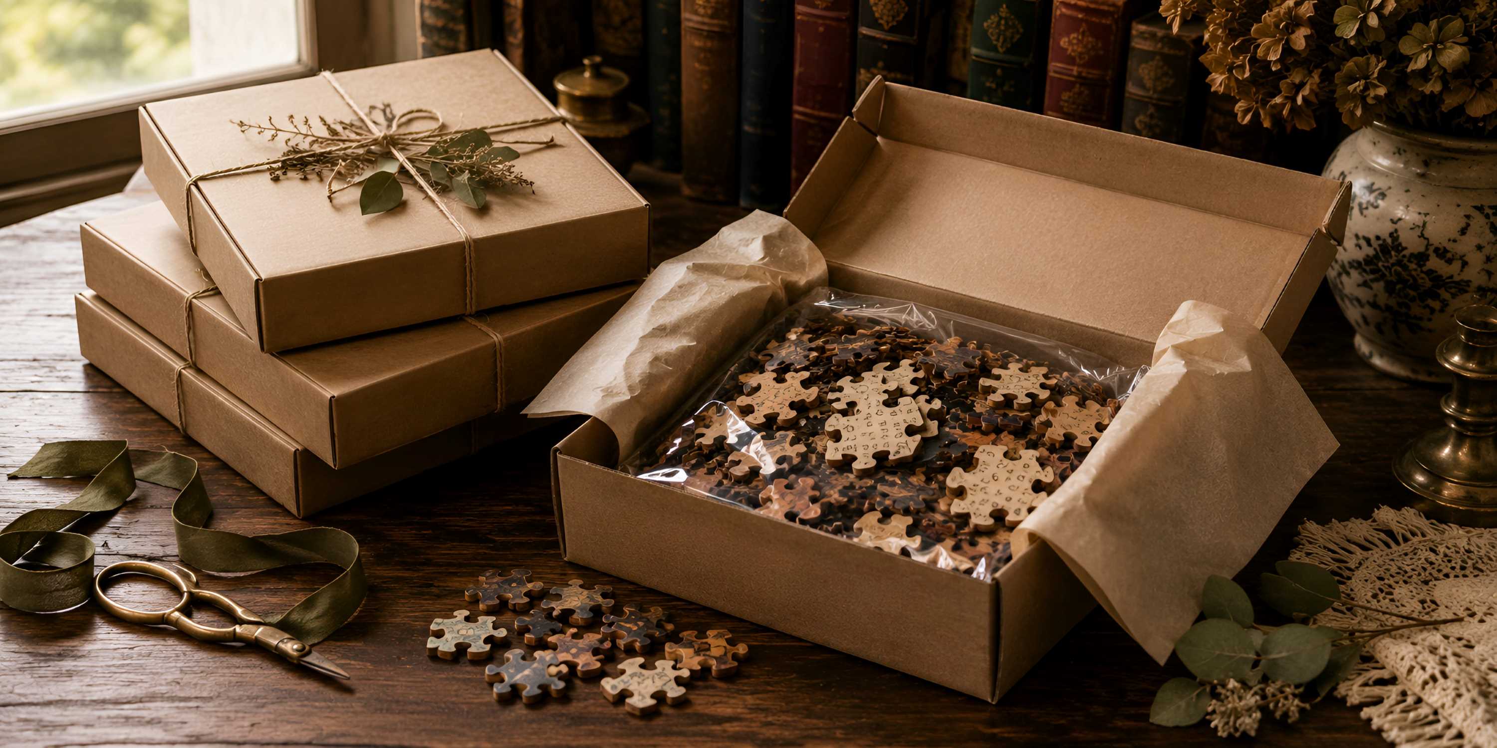 Ready-to-ship wooden jigsaw puzzles packed in kraft boxes with tissue paper, scattered puzzle pieces, and botanical accents on a walnut table.