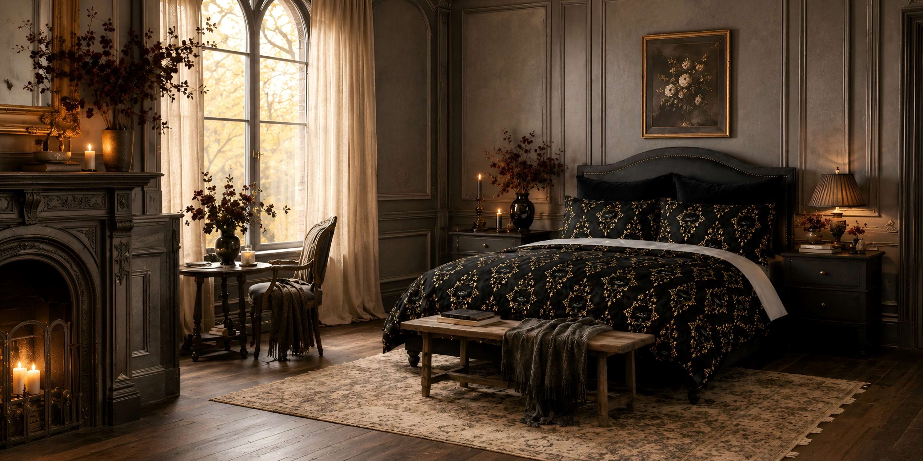 Victorian Gothic bedroom scene with a black-and-gold patterned duvet set styled in a softly lit room, featuring a dark upholstered bed, warm wood tones, muted wall art, and a cozy, refined atmosphere.