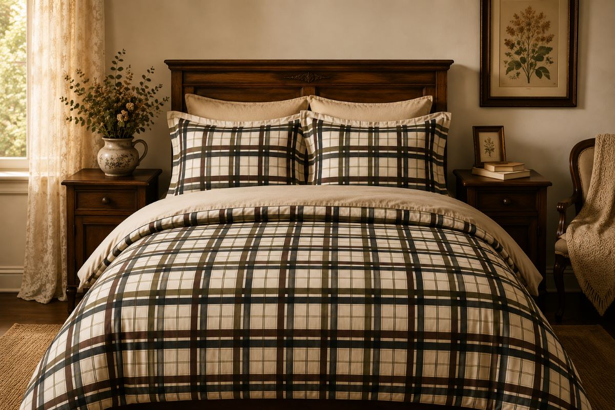 Plaid duvet cover set on a warm wood bed with matching pillow shams in a cozy cottage bedroom featuring botanical decor, walnut furniture, and soft natural light.