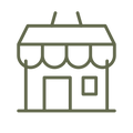 A simple dark olive line drawing of a small business storefront on a white background.