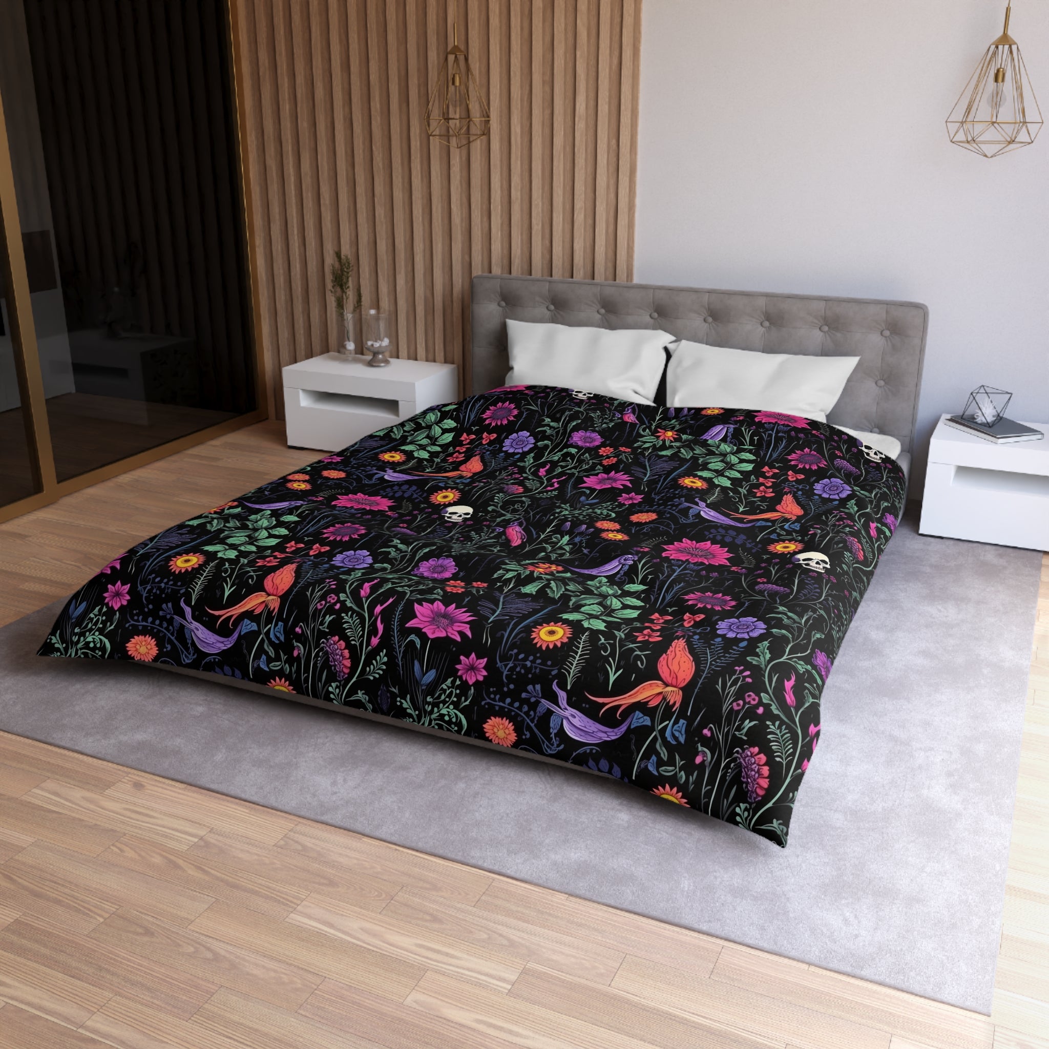 Eerie Wildflower Skull Duvet Cover and Pillow Shams, Microfiber