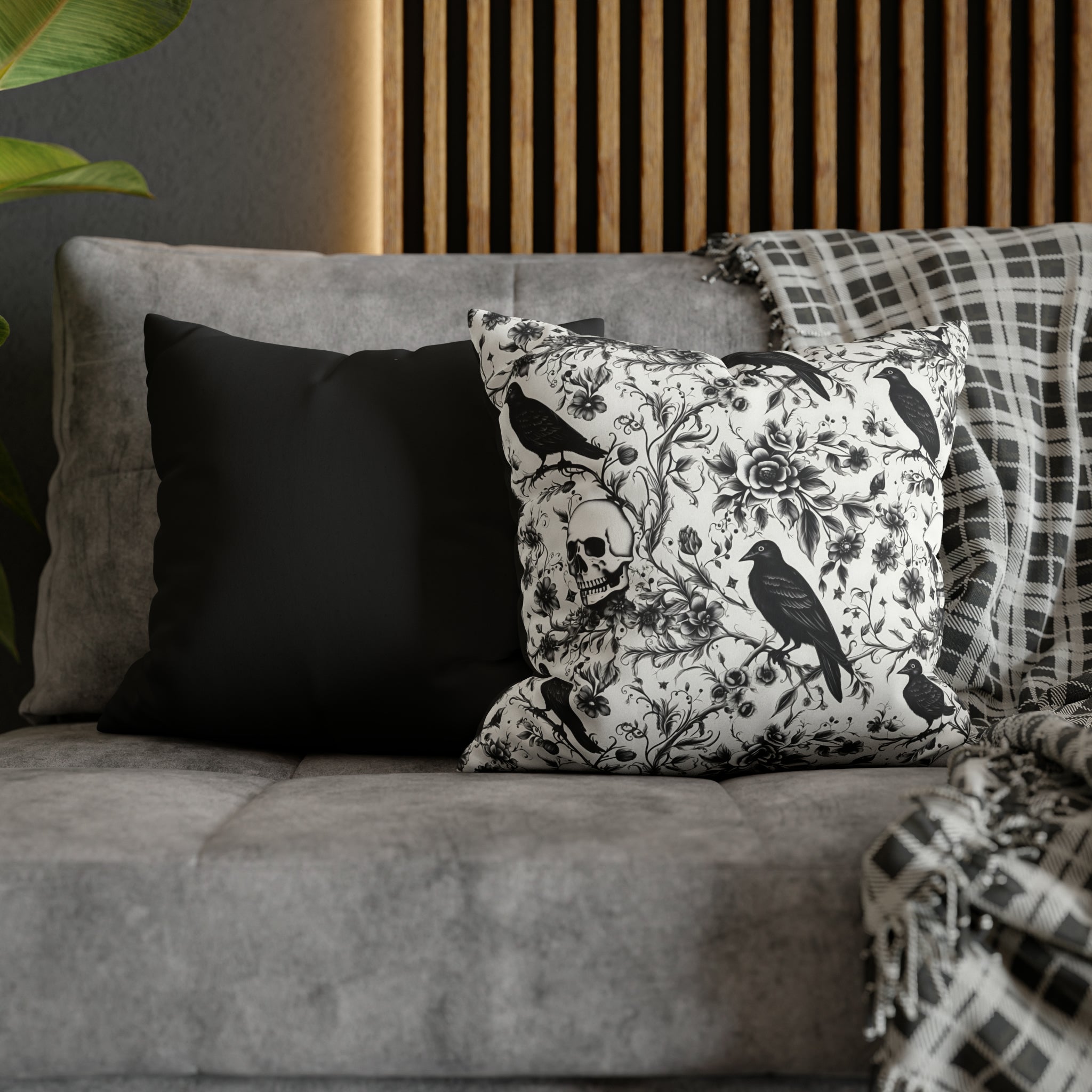 Raven Skull Garden Faux Suede Pillow Cover: Gothic Floral