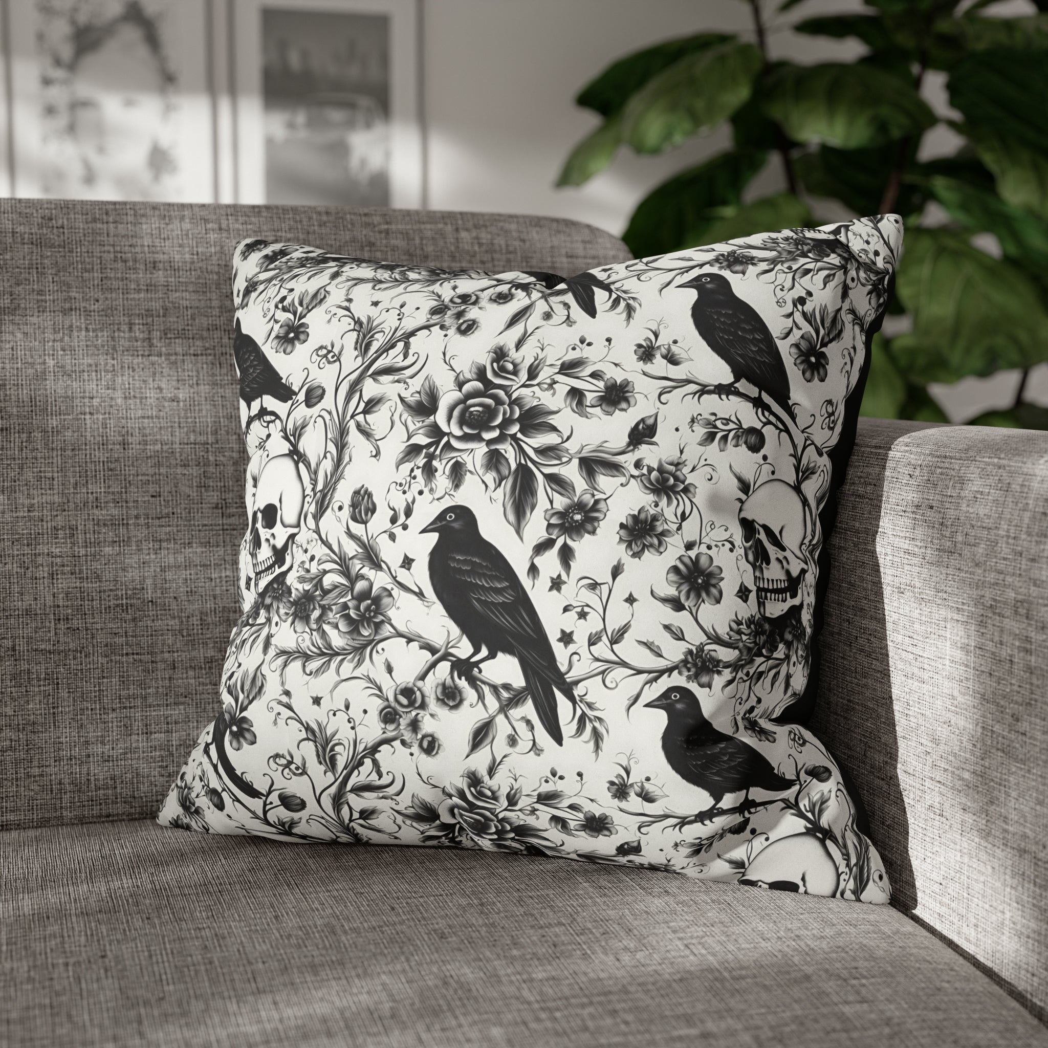 Raven Skull Garden Faux Suede Pillow Cover: Gothic Floral