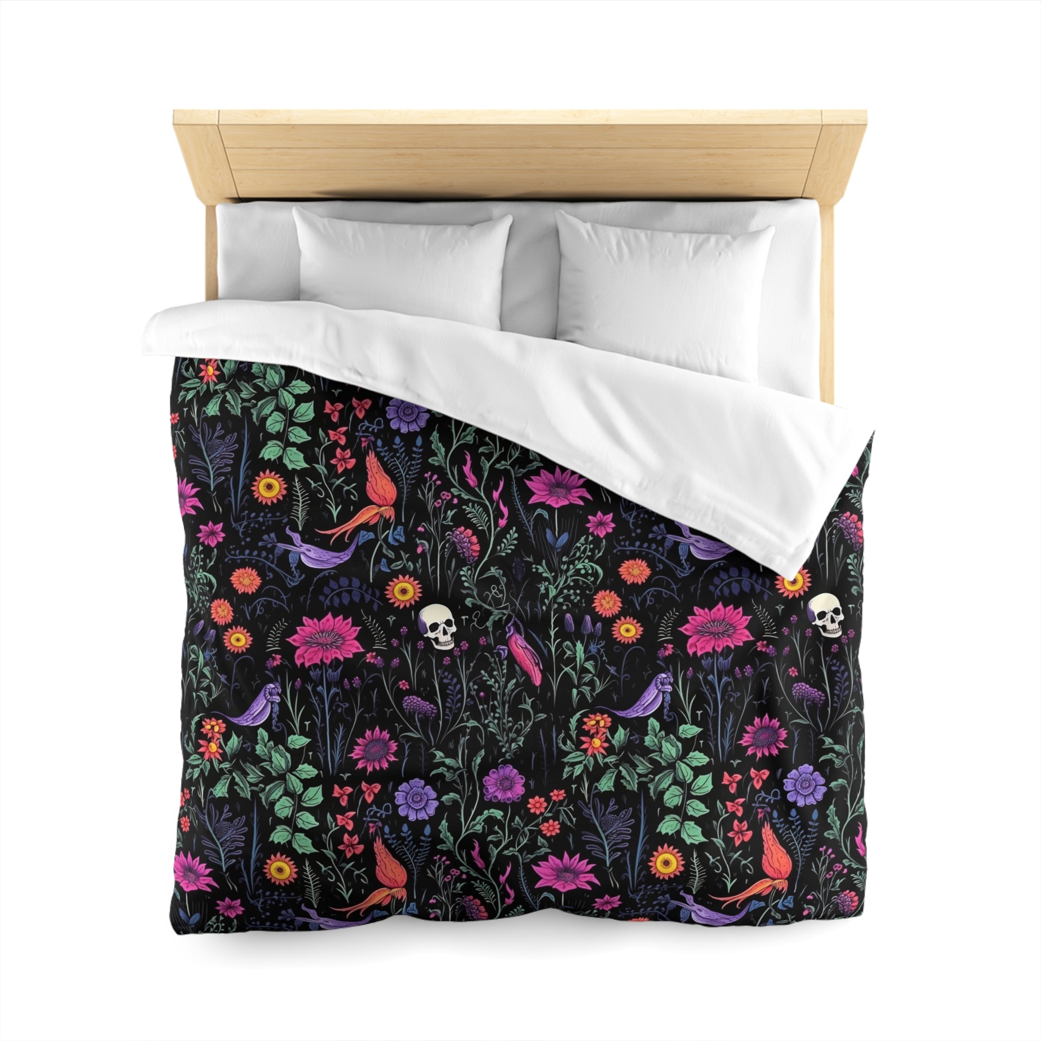 Eerie Wildflower Skull Duvet Cover and Pillow Shams, Microfiber