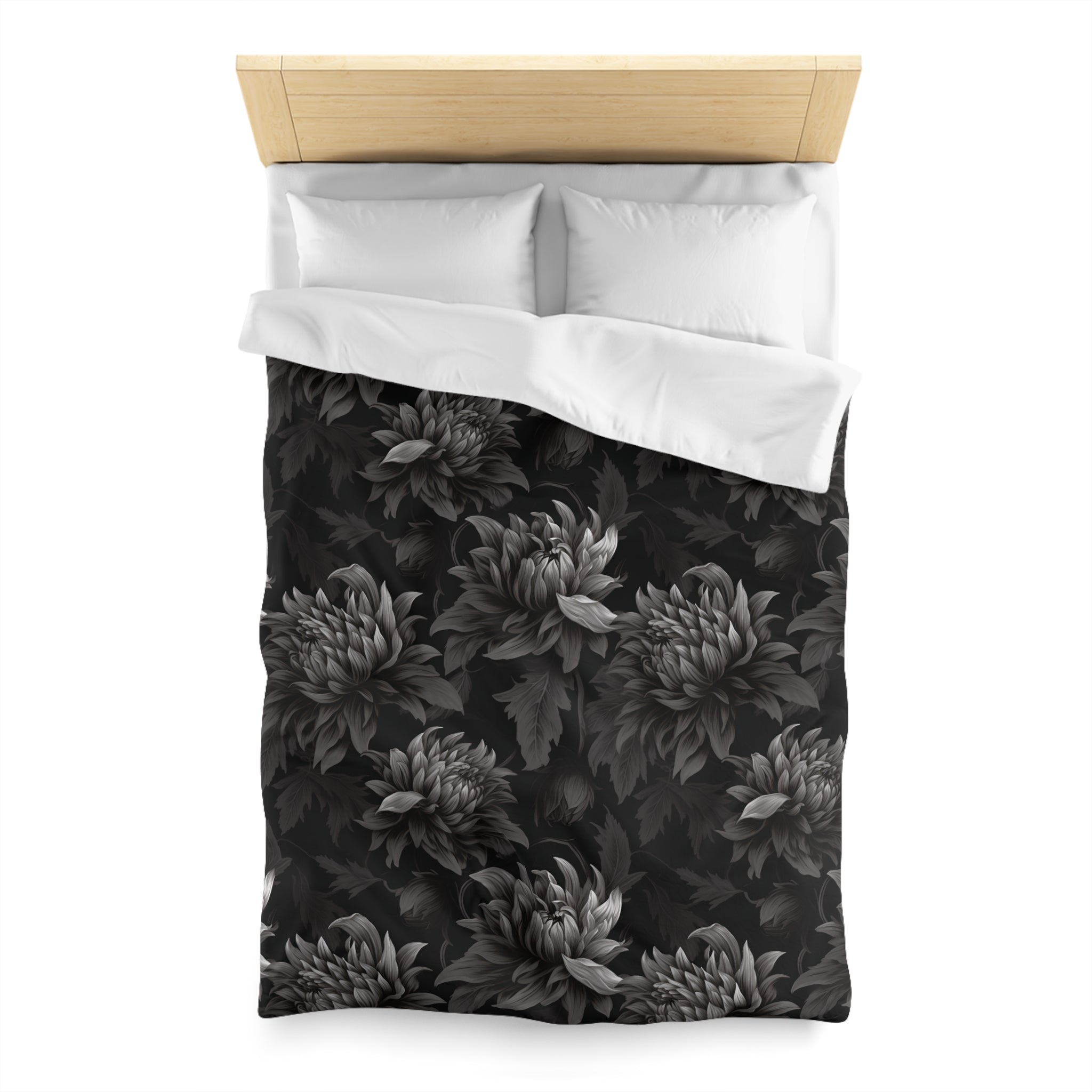 Midnight Black Dahlia Floral Duvet Cover with Pillow Shams, Microfiber