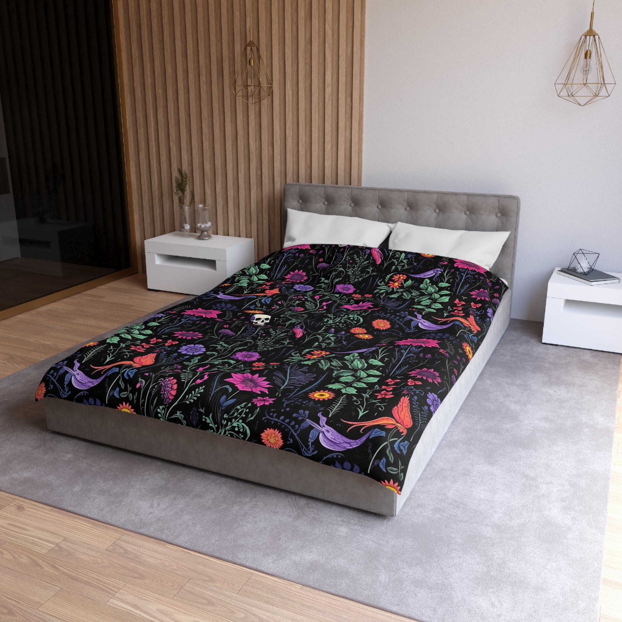Eerie Wildflower Skull Duvet Cover and Pillow Shams, Microfiber