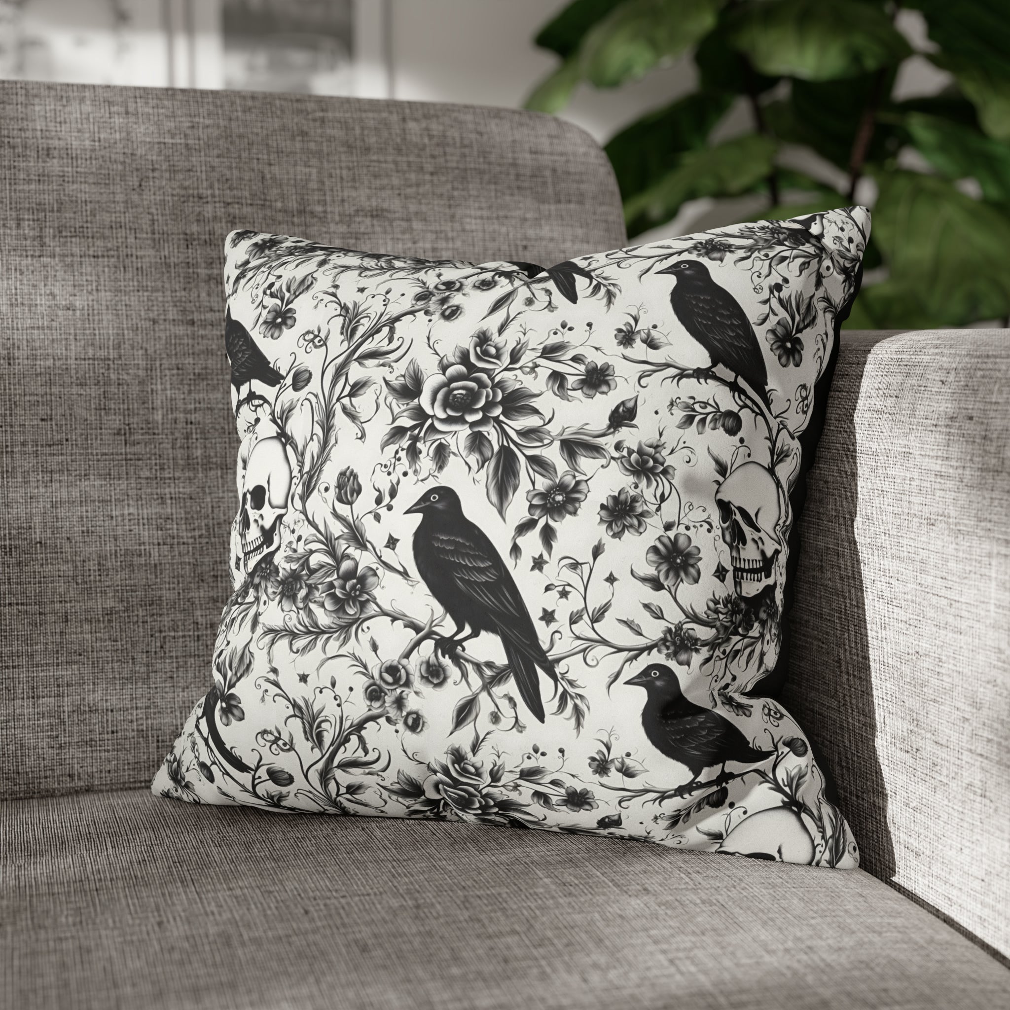 Raven Skull Garden Faux Suede Pillow Cover: Gothic Floral