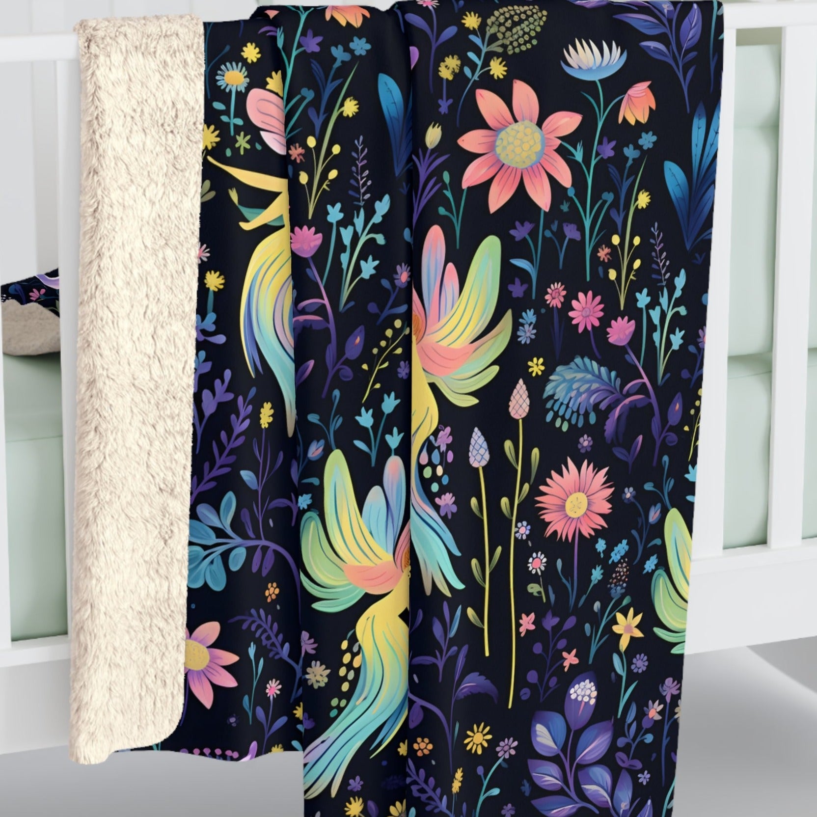 Glowing Garden Fairies Dark Floral Pattern Blanket: Velveteen or Sherpa