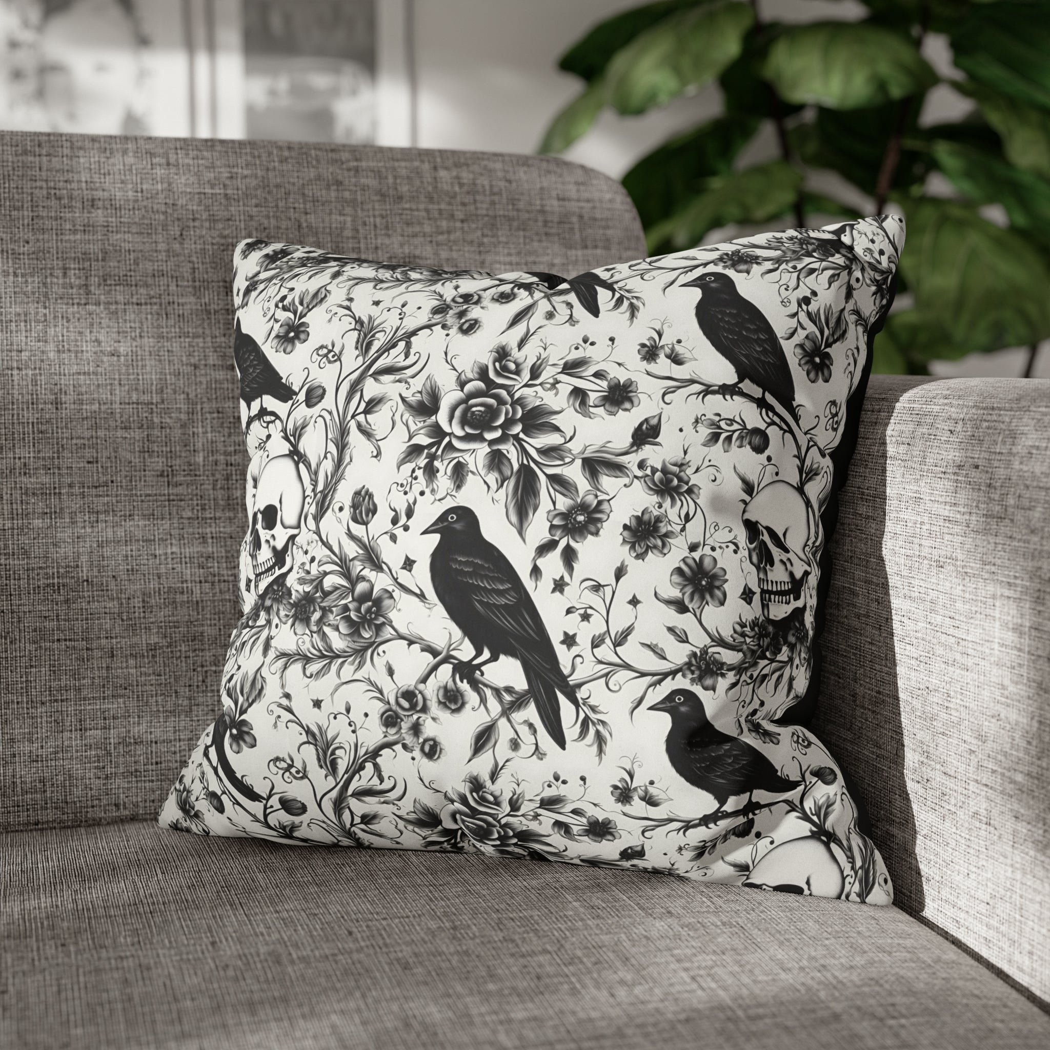 Raven Skull Garden Faux Suede Pillow Cover: Gothic Floral