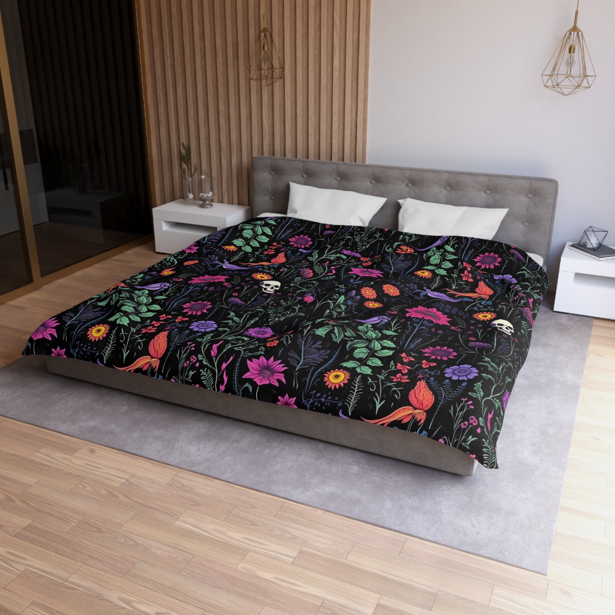 Eerie Wildflower Skull Duvet Cover and Pillow Shams, Microfiber