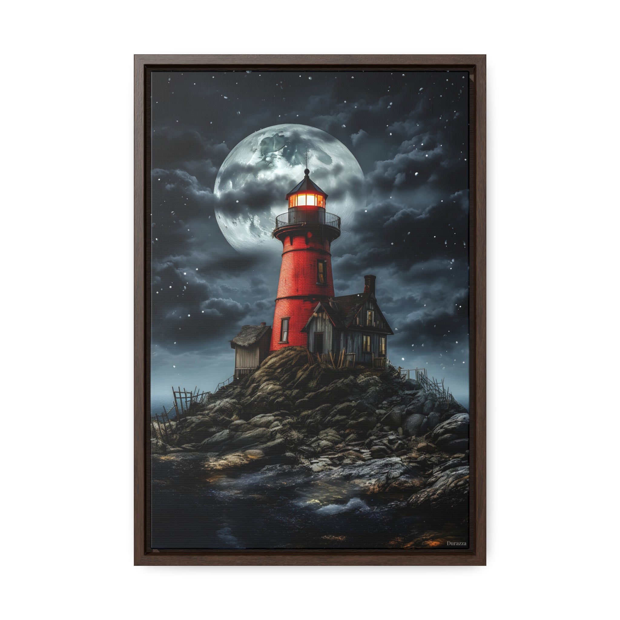 Red Lighthouse Wall Art: Moody Gothic Landscape