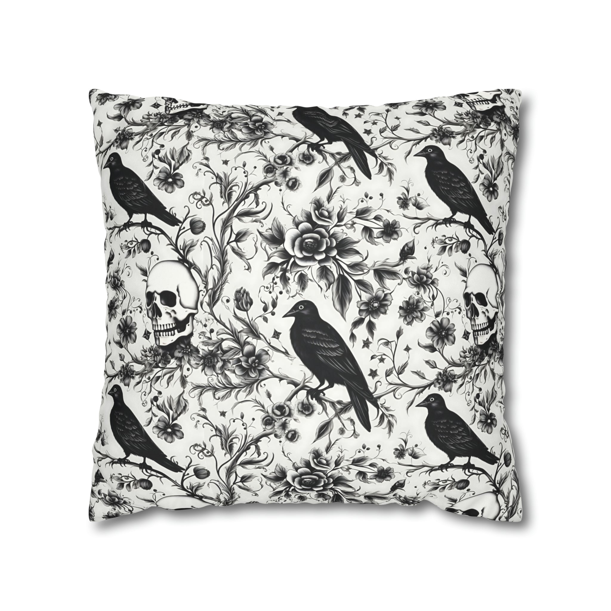 Raven Skull Garden Faux Suede Pillow Cover: Gothic Floral