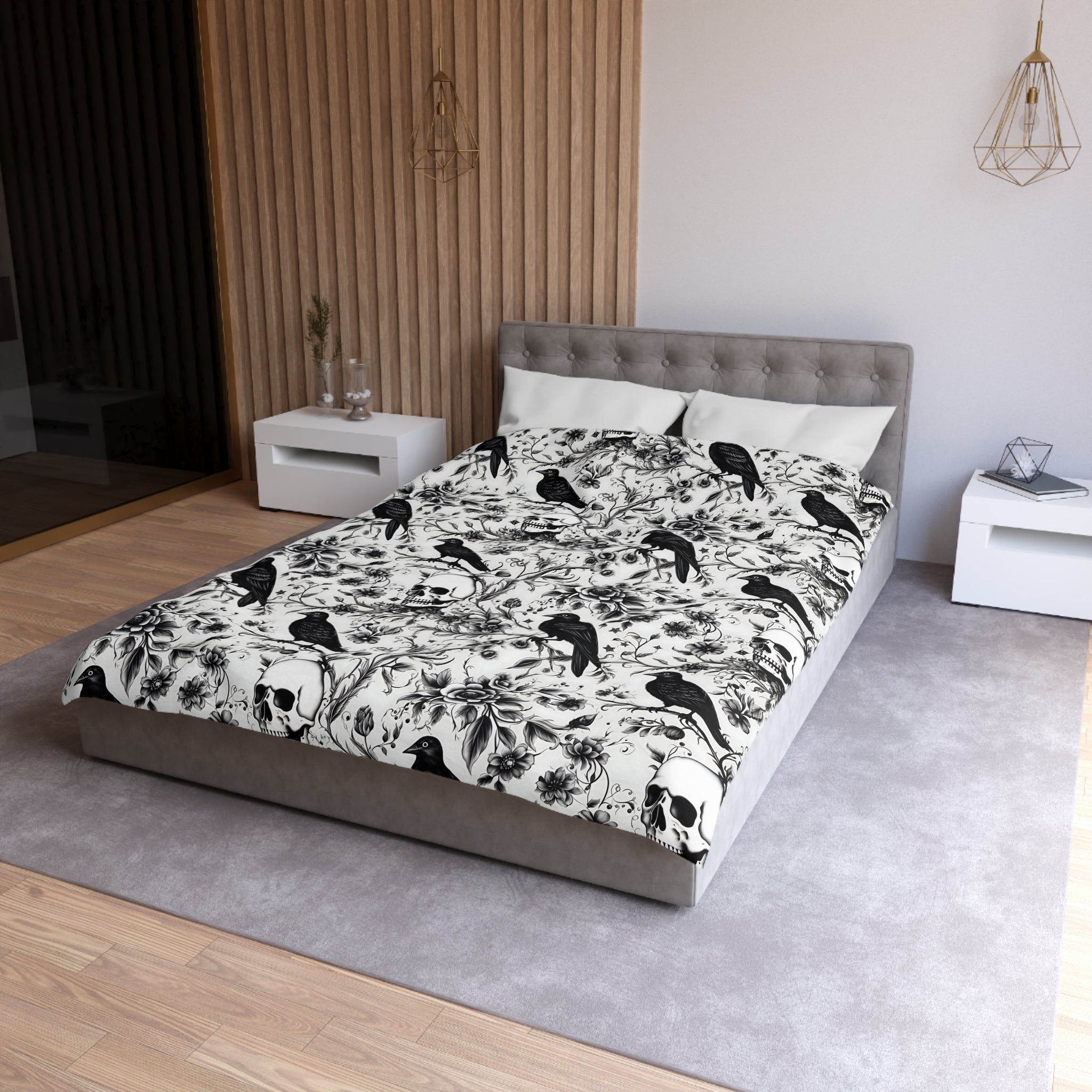 Raven Skull Garden Duvet Cover: Microfiber