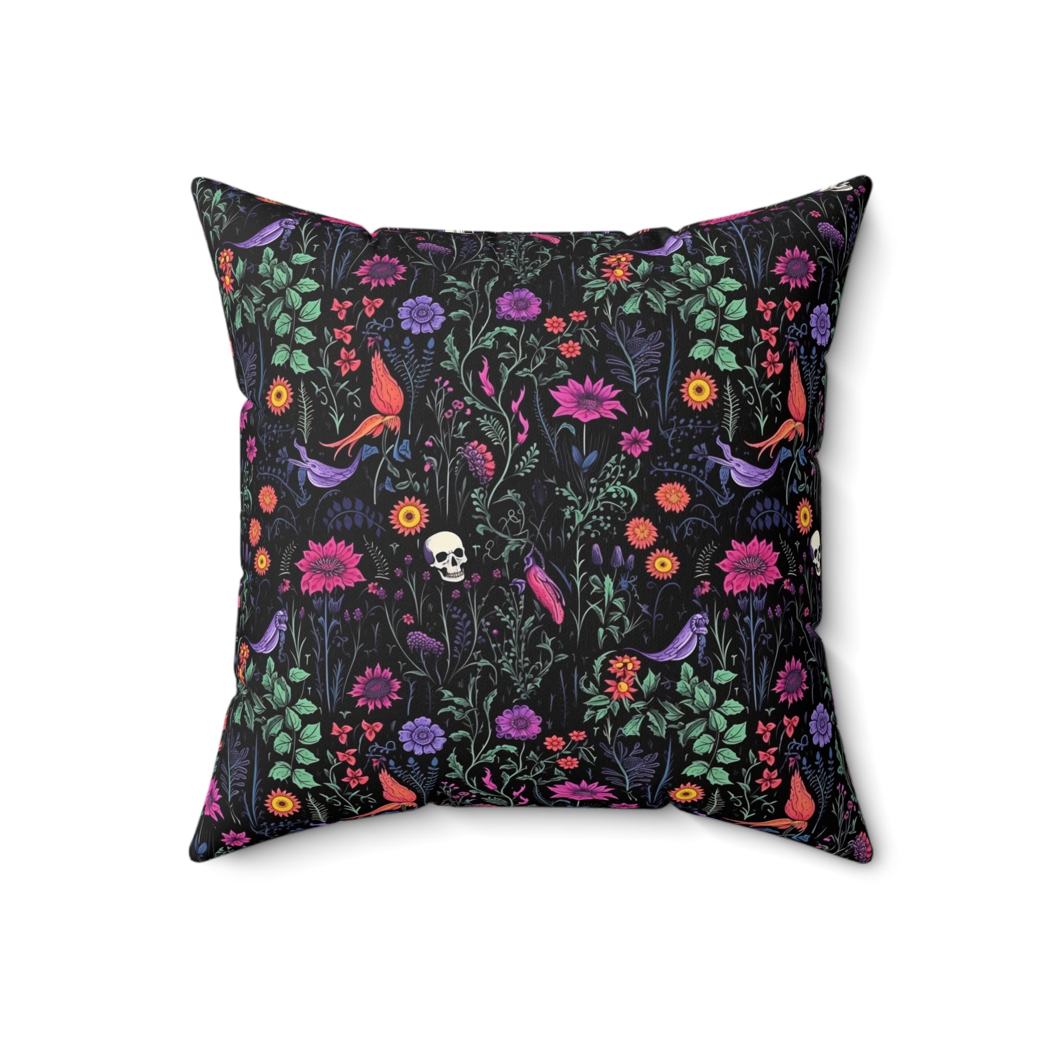 Eerie Wildflower Faux Suede Pillow Cover with Skull