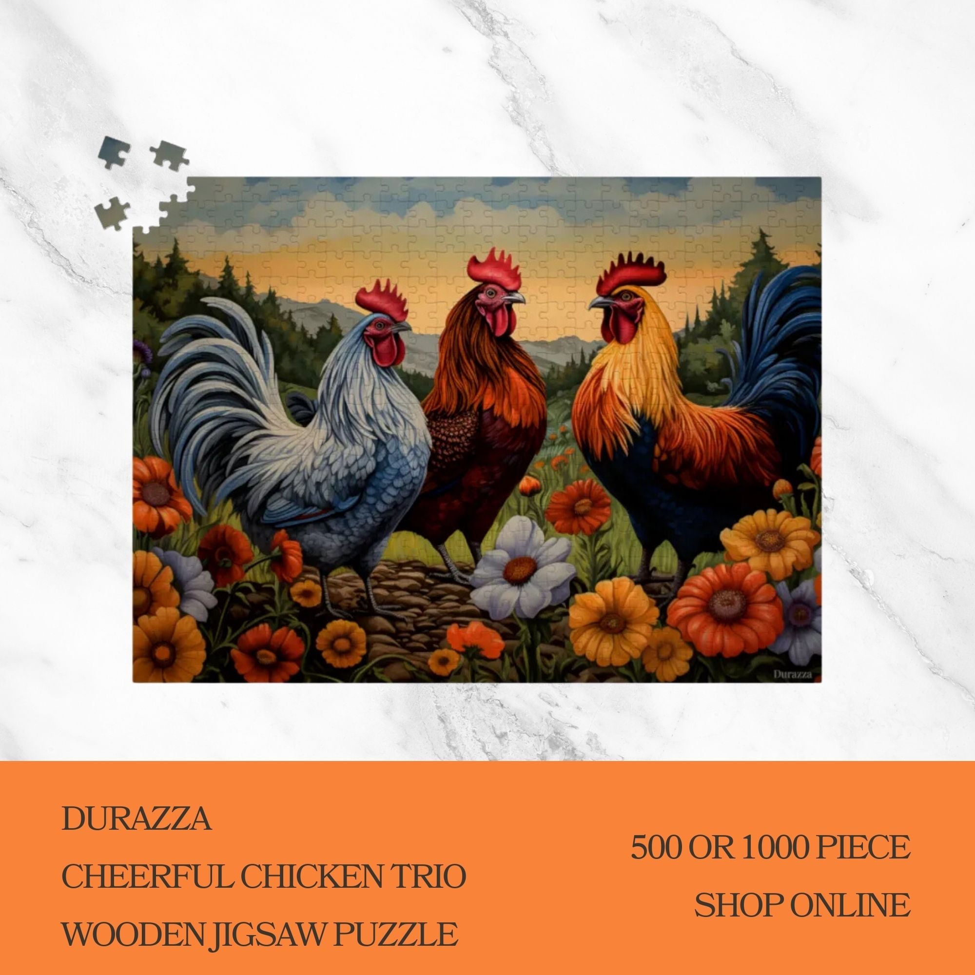 Cheerful Chicken Trio Wooden Jigsaw Puzzle: 500 or 1000 Piece