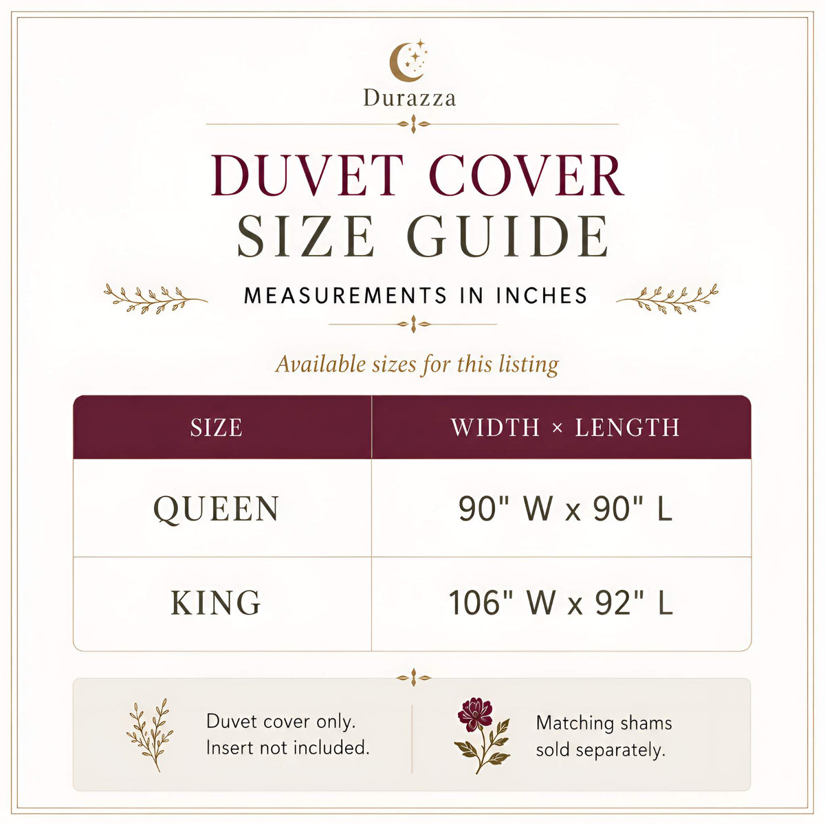 Durazza Duvet Cover Size Guide infographic showing measurements in inches for Queen and King sizes, with a table listing 90" x 90" for Queen and 106" x 92" for King, on a cream background.