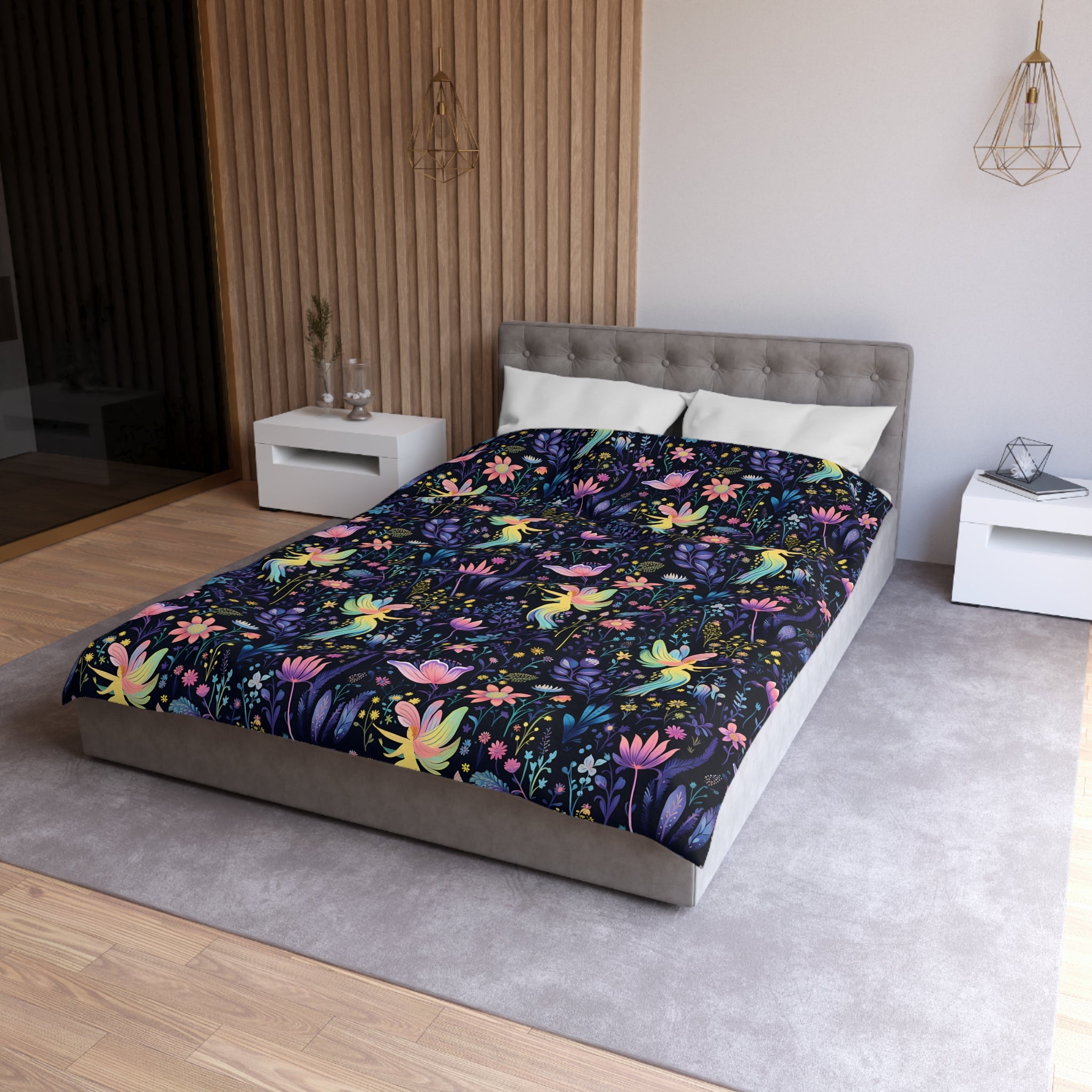 Glowing Garden Fairies Dark Floral Pattern Duvet Cover