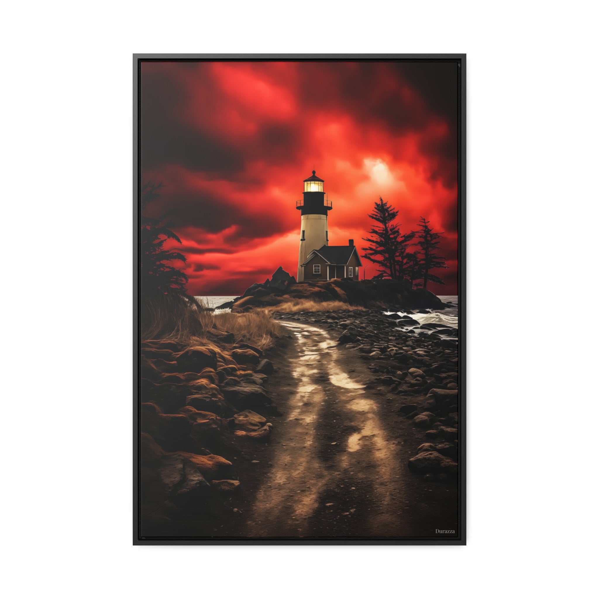 Red Sky Lighthouse Wall Art: Dramatic Coastal Scene