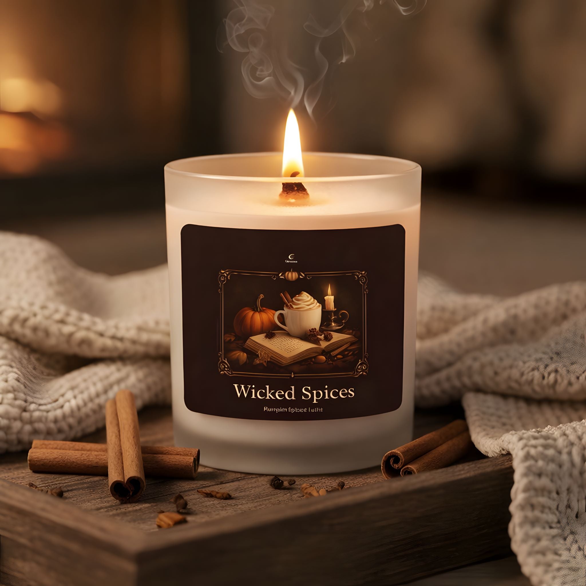 Lit wood wick candle in a pumpkin spiced latte scent sitting on a wood tray with cinnamon sticks and a blanket.