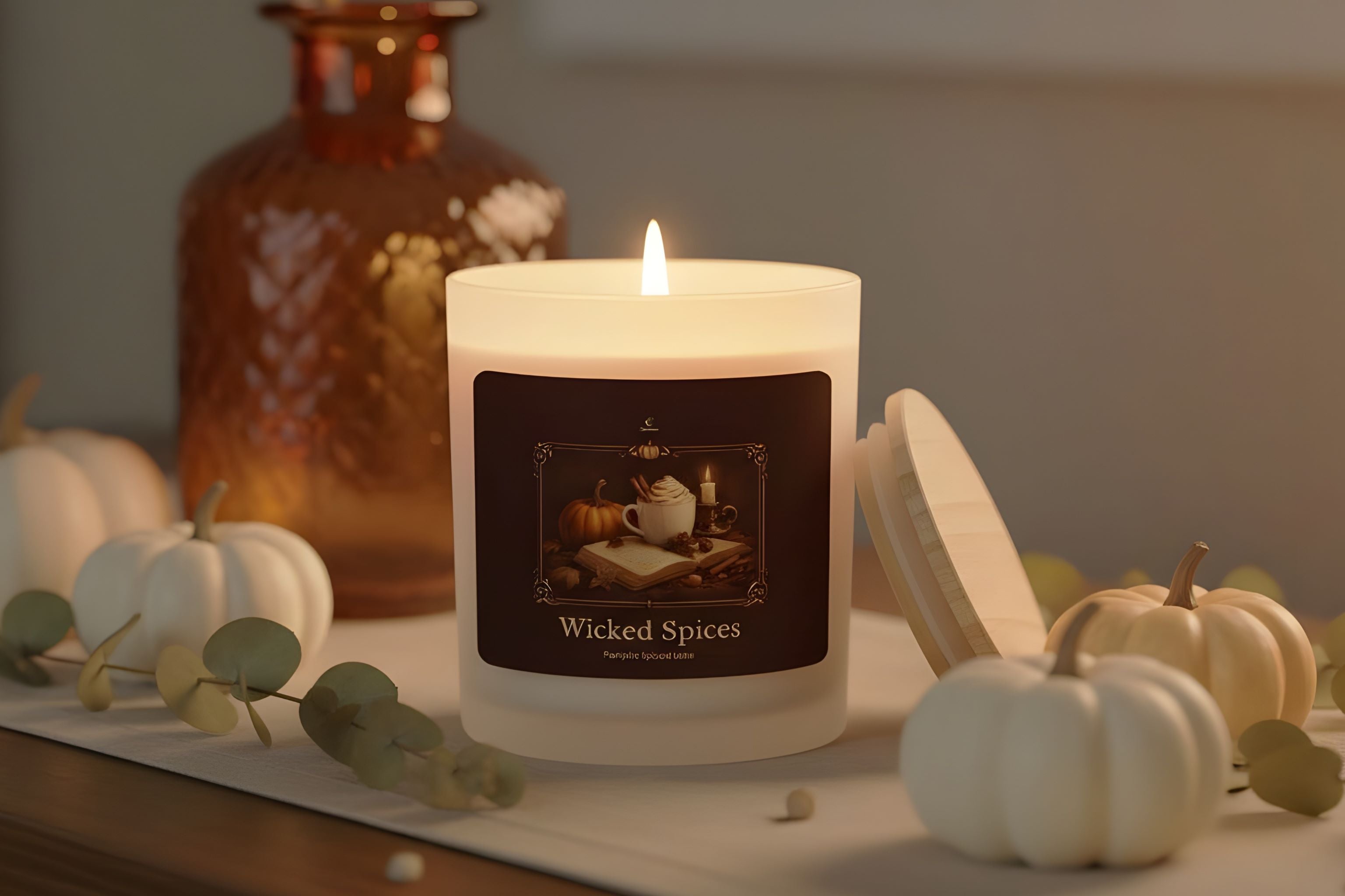 Halloween scented candle labeled 'Wicked Spices' with pumpkins and a decorative bottle in the background