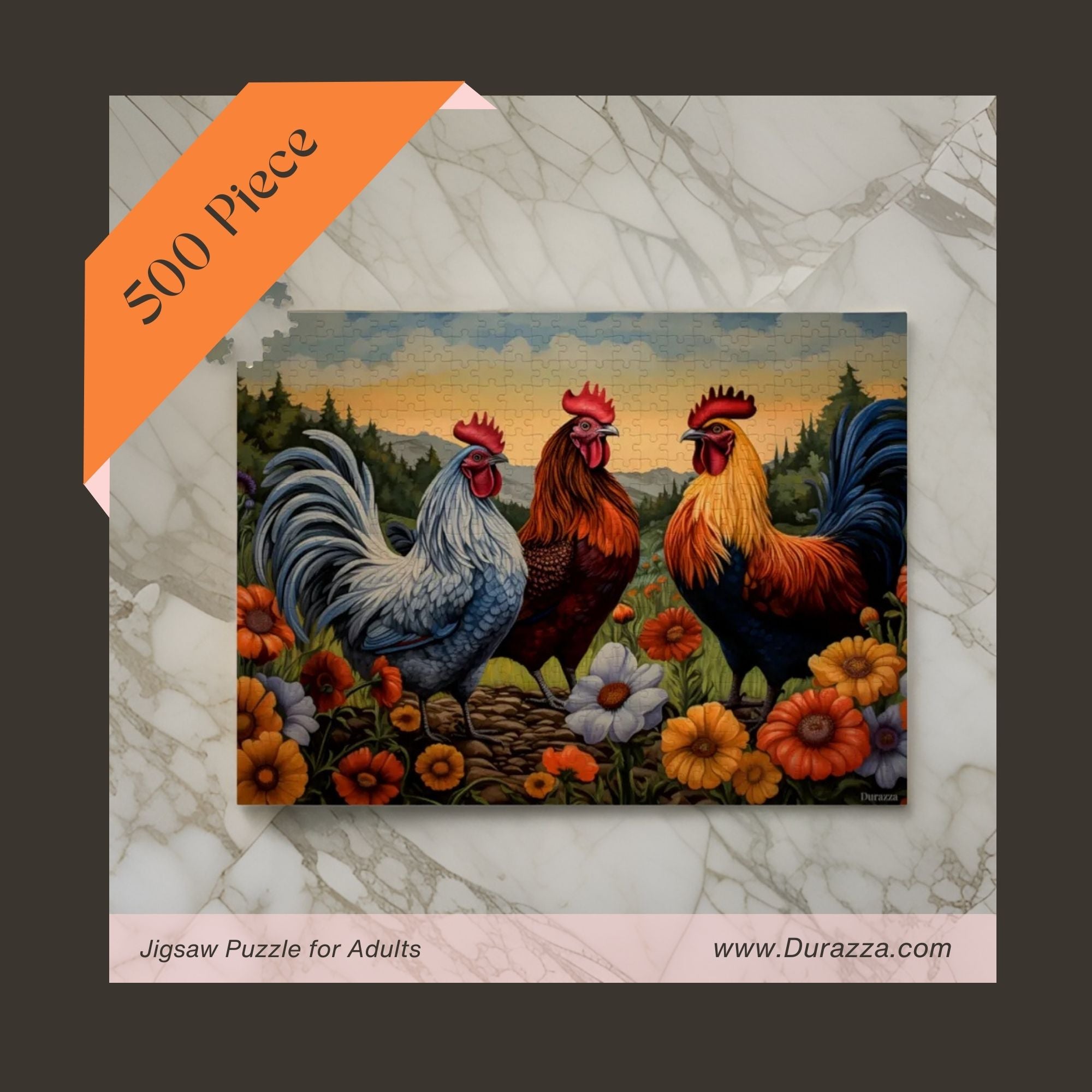 Cheerful Chicken Trio Wooden Jigsaw Puzzle: 500 or 1000 Piece