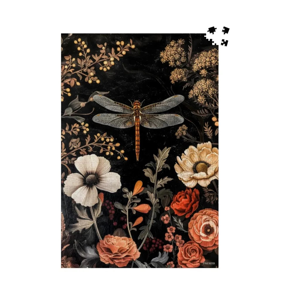 Dark Goth Cottagecore Floral Scene with Dragonfly in the Center. 1000 piece jigsaw puzzle
