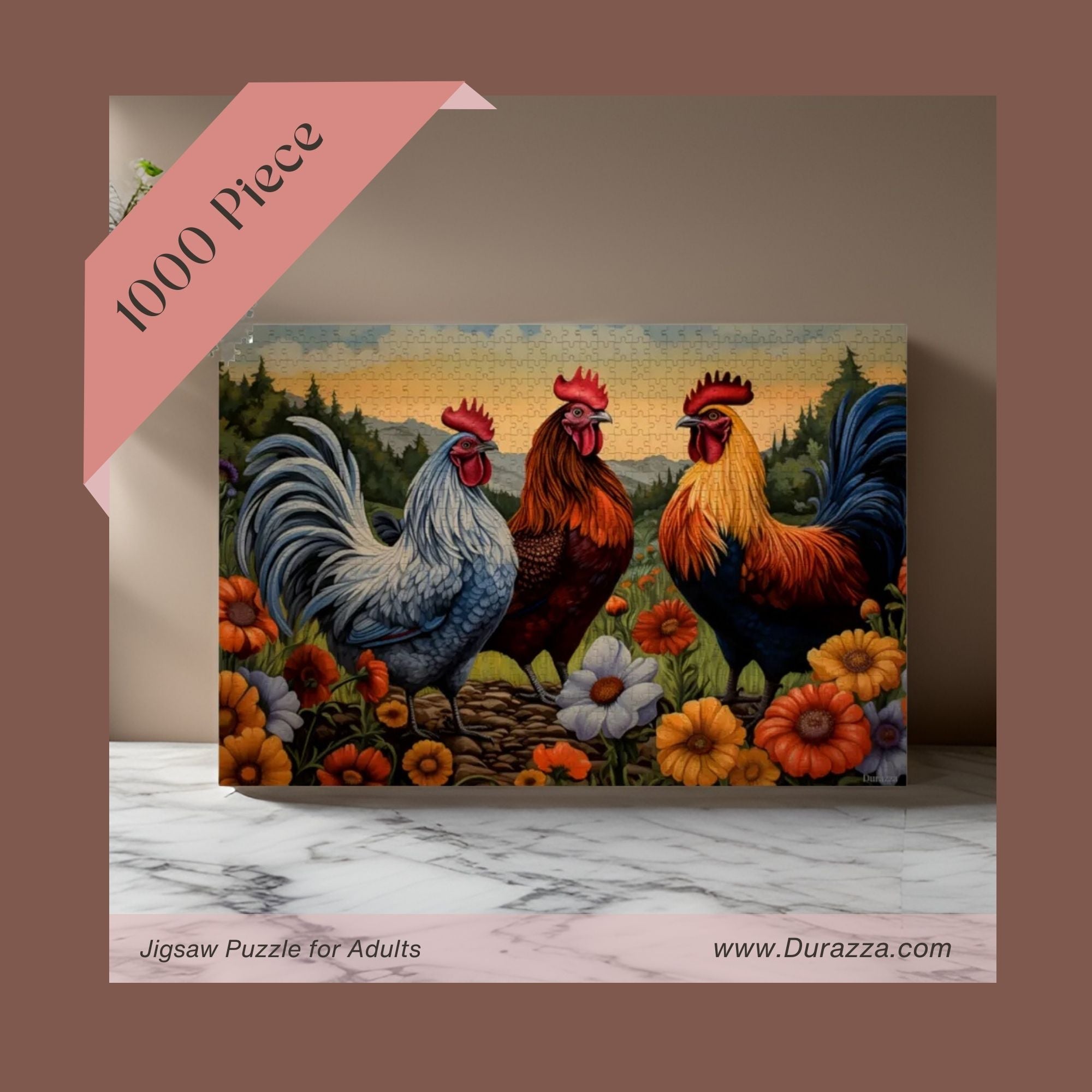 Cheerful Chicken Trio Wooden Jigsaw Puzzle: 500 or 1000 Piece