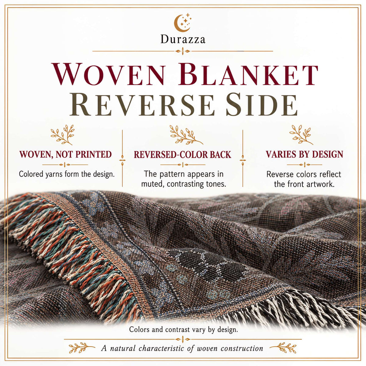 Promotional graphic for a Durazza woven blanket reverse side, showing a close-up of a patterned fringed blanket with descriptive text about the woven, non-printed, and reversed-color-back design.